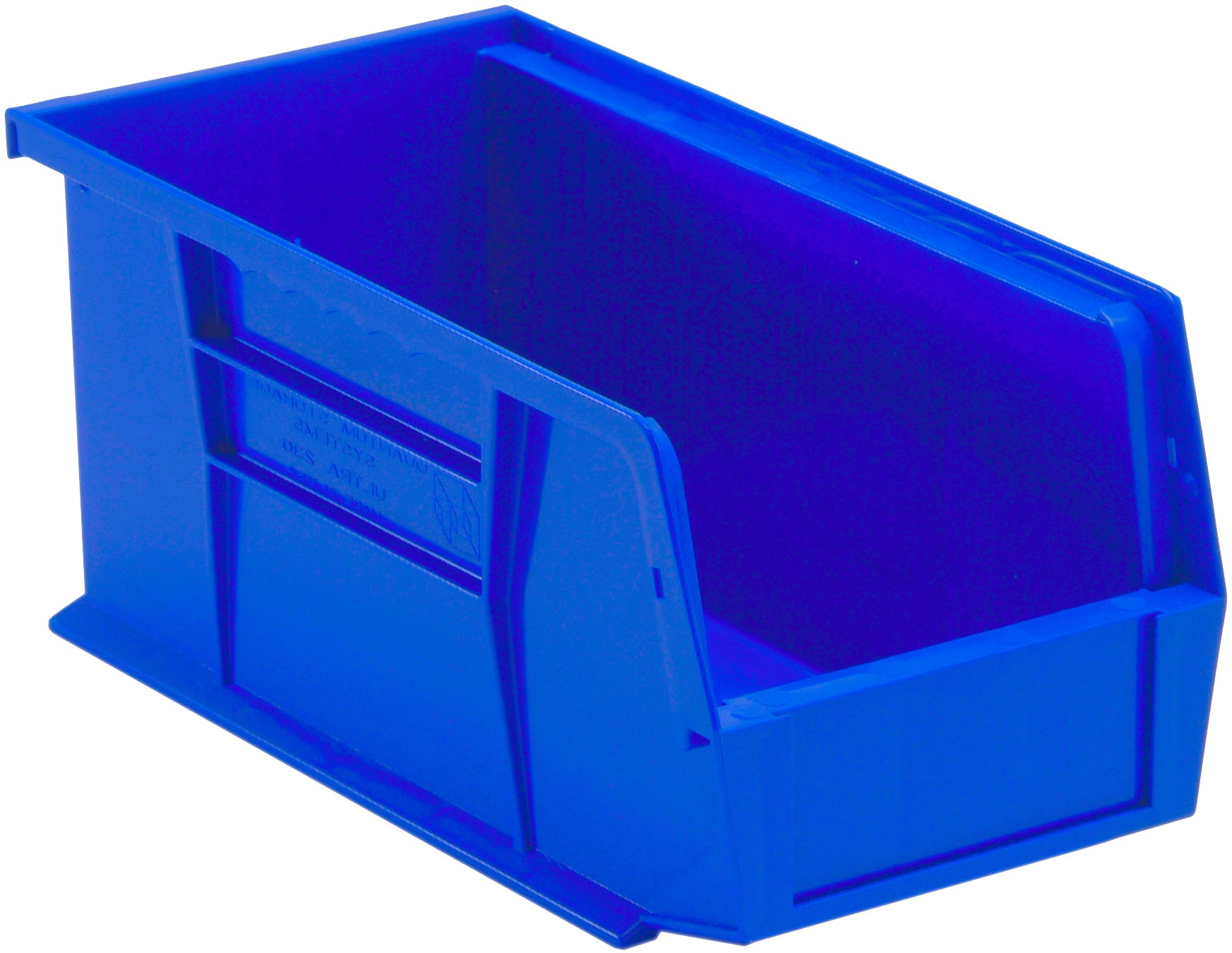 Bin, stacking or hanging, 5-1/2"W x 10-7/8"D x 5"H, front/back/side grips, anti-slide lock, (1) divider slot, rear hanger, molded-in label holder, polypropylene, blue, Made in USA, case of 12