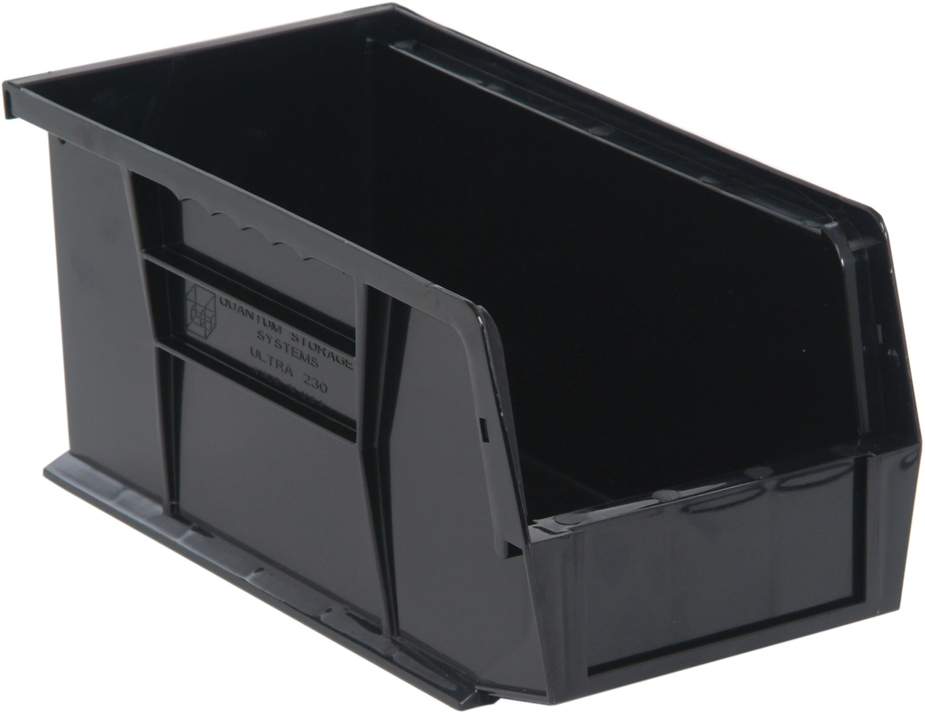 Bin, stacking or hanging, 5-1/2"W x 10-7/8"D x 5"H, front/back/side grips, anti-slide lock, (1) divider slot, rear hanger, molded-in label holder, recycled polypropylene, black, Made in USA, case of 12