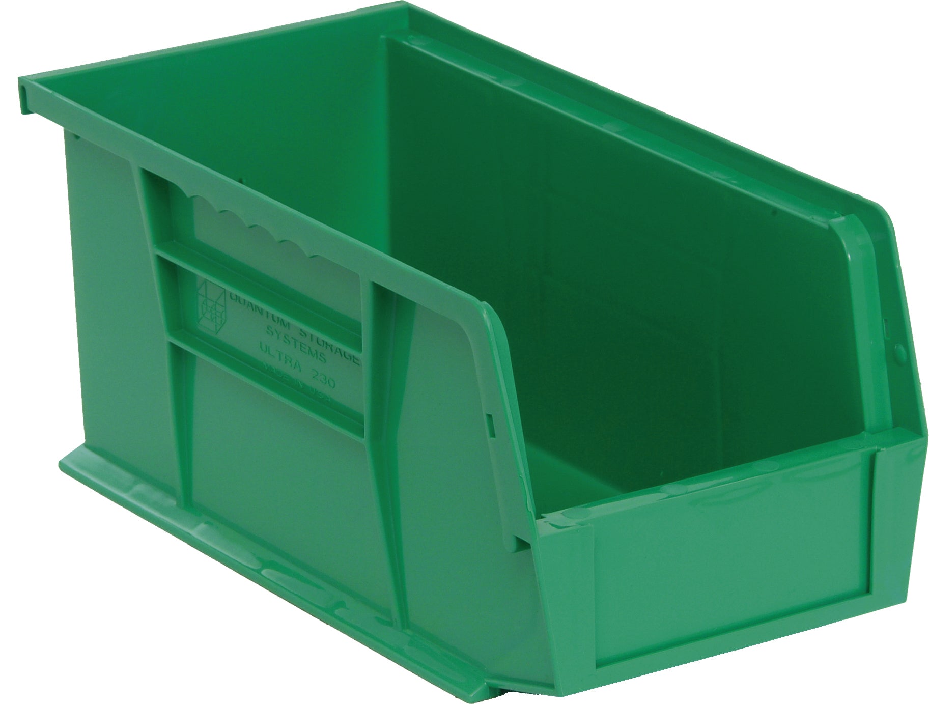 Bin, stacking or hanging, 5-1/2"W x 10-7/8"D x 5"H, front/back/side grips, anti-slide lock, (1) divider slot, rear hanger, molded-in label holder, polypropylene, green, Made in USA, case of 12