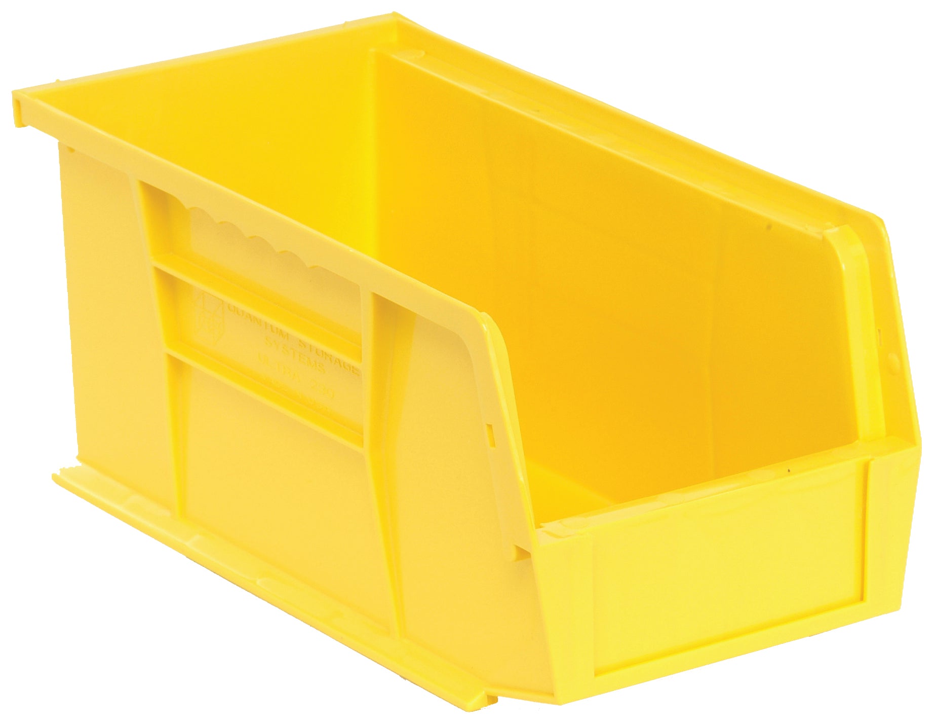 Bin, stacking or hanging, 5-1/2"W x 10-7/8"D x 5"H, front/back/side grips, anti-slide lock, (1) divider slot, rear hanger, molded-in label holder, polypropylene, yellow, Made in USA, case of 12