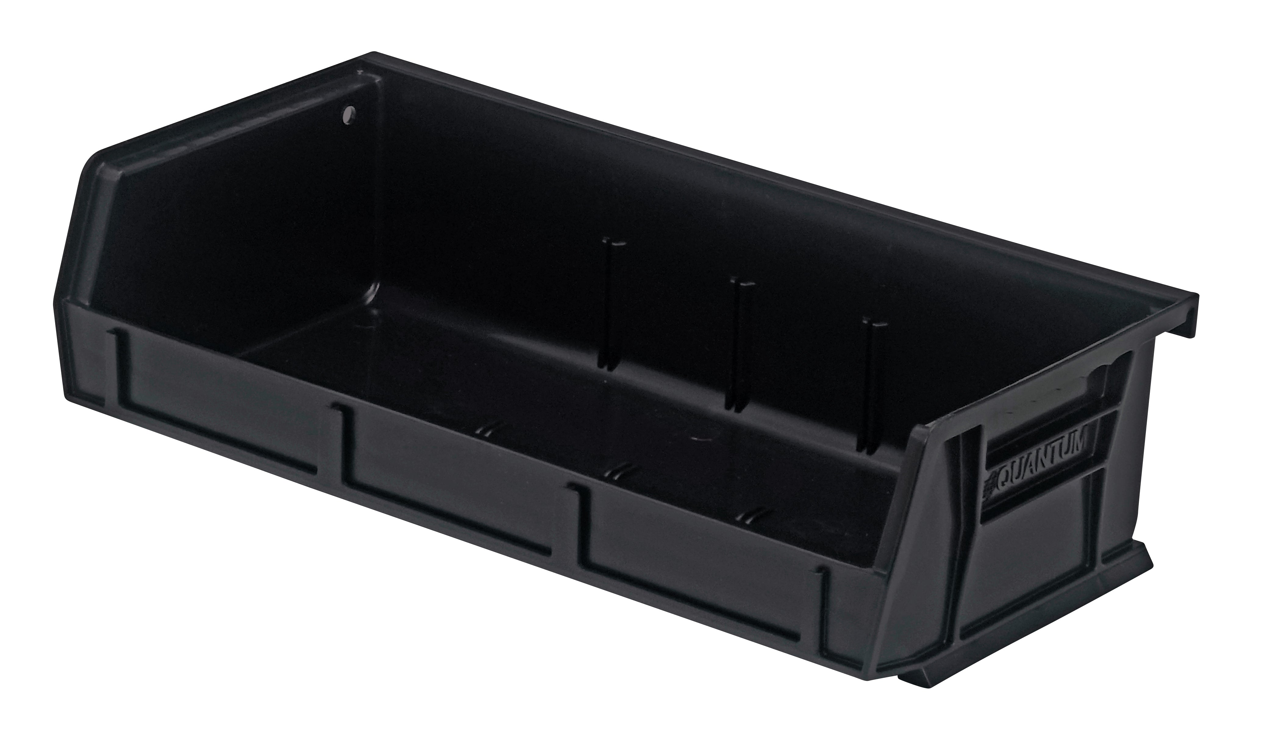Bin, stacking or hanging, 11"W x 5-3/8"D x 3"H, front/back/side grips, anti-slide lock, (3) divider slot, rear hanger, molded-in label holder, polypropylene, black, Made in USA, case of 8