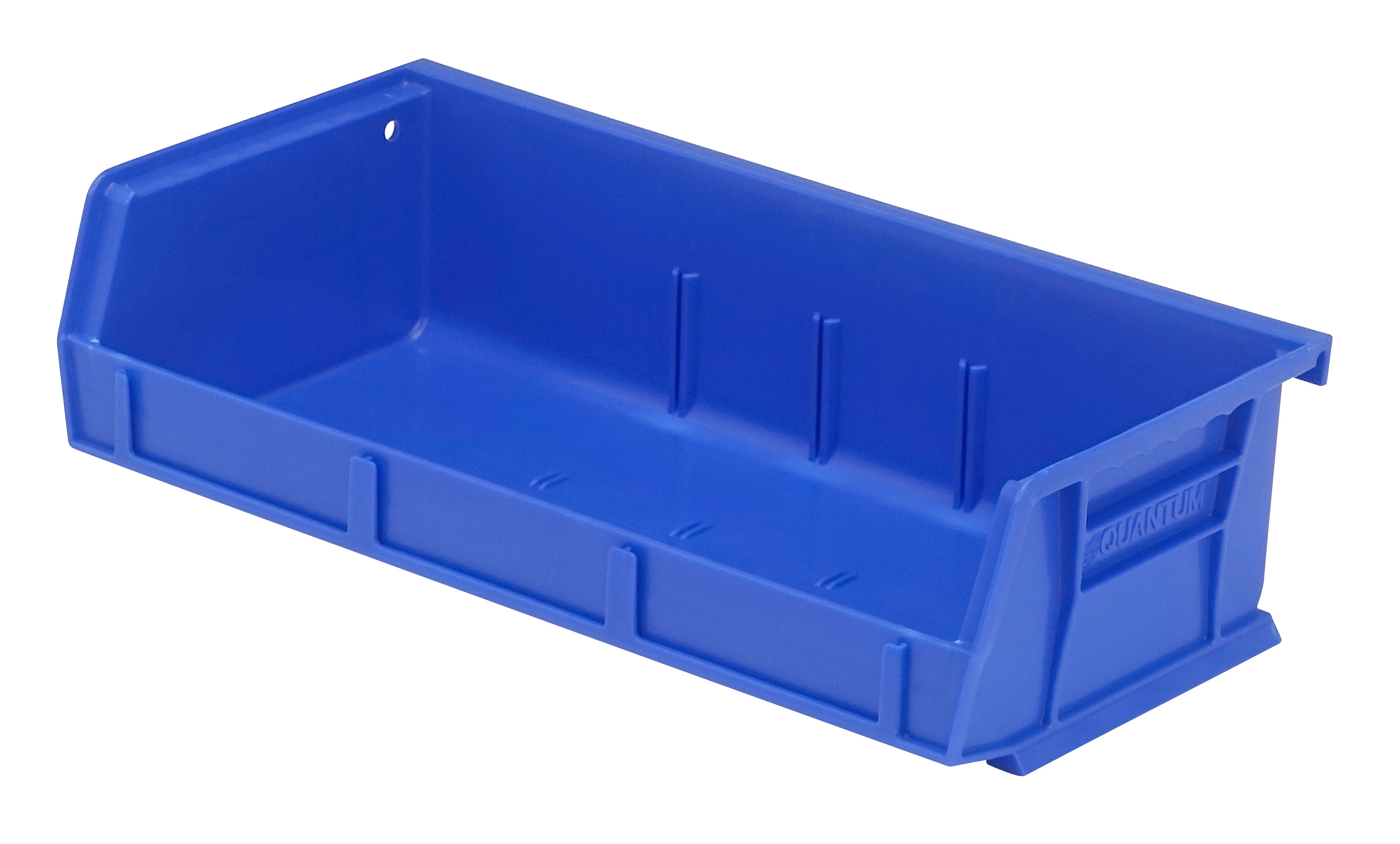 Bin, stacking or hanging, 11"W x 5-3/8"D x 3"H, front/back/side grips, anti-slide lock, (3) divider slot, rear hanger, molded-in label holder, polypropylene, blue, Made in USA, case of 8