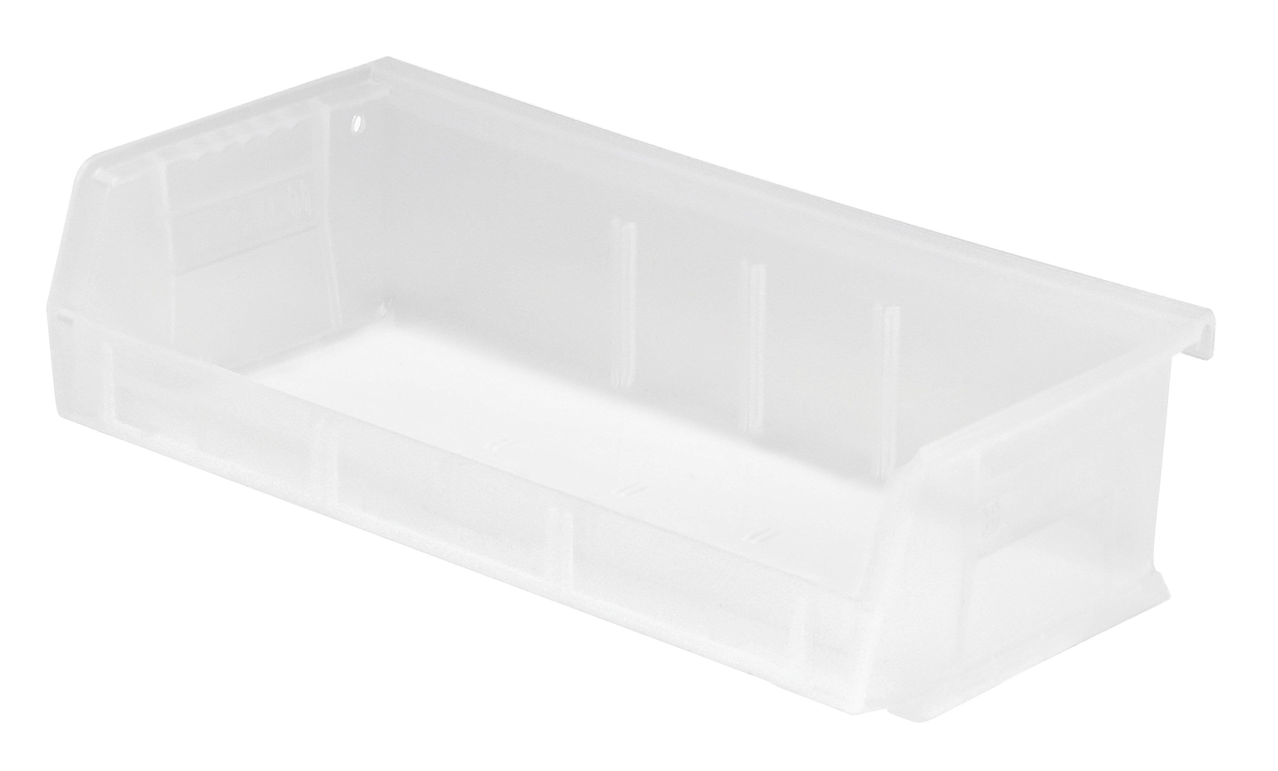 Bin, stacking or hanging, 11"W x 5-3/8"D x 3"H, front/back/side grips, anti-slide lock, (3) divider slots, rear hanger, molded-in label holder, polypropylene, clear, Made in USA, case of 8