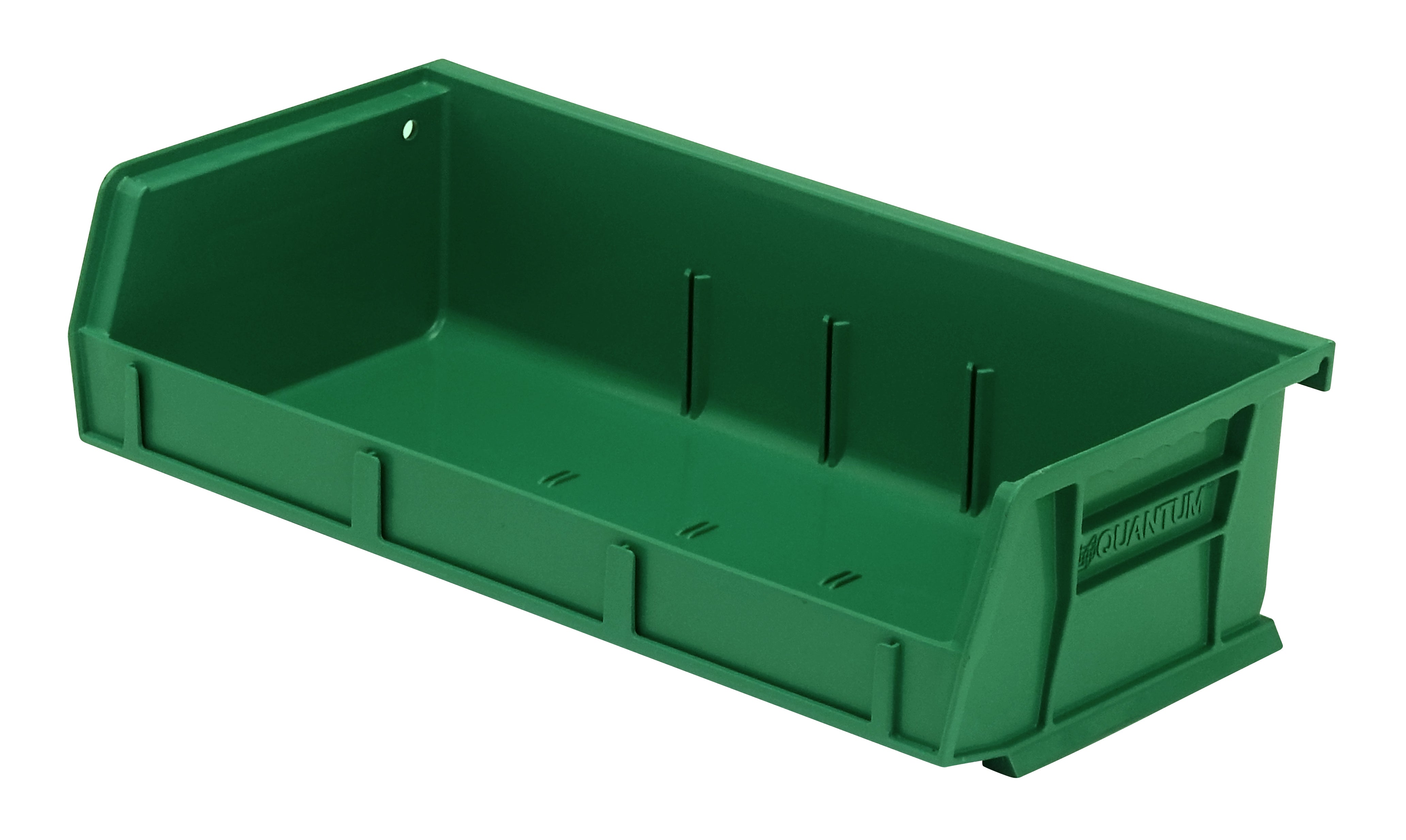 Bin, stacking or hanging, 11"W x 5-3/8"D x 3"H, front/back/side grips, anti-slide lock, (3) divider slot, rear hanger, molded-in label holder, polypropylene, green, Made in USA, case of 8