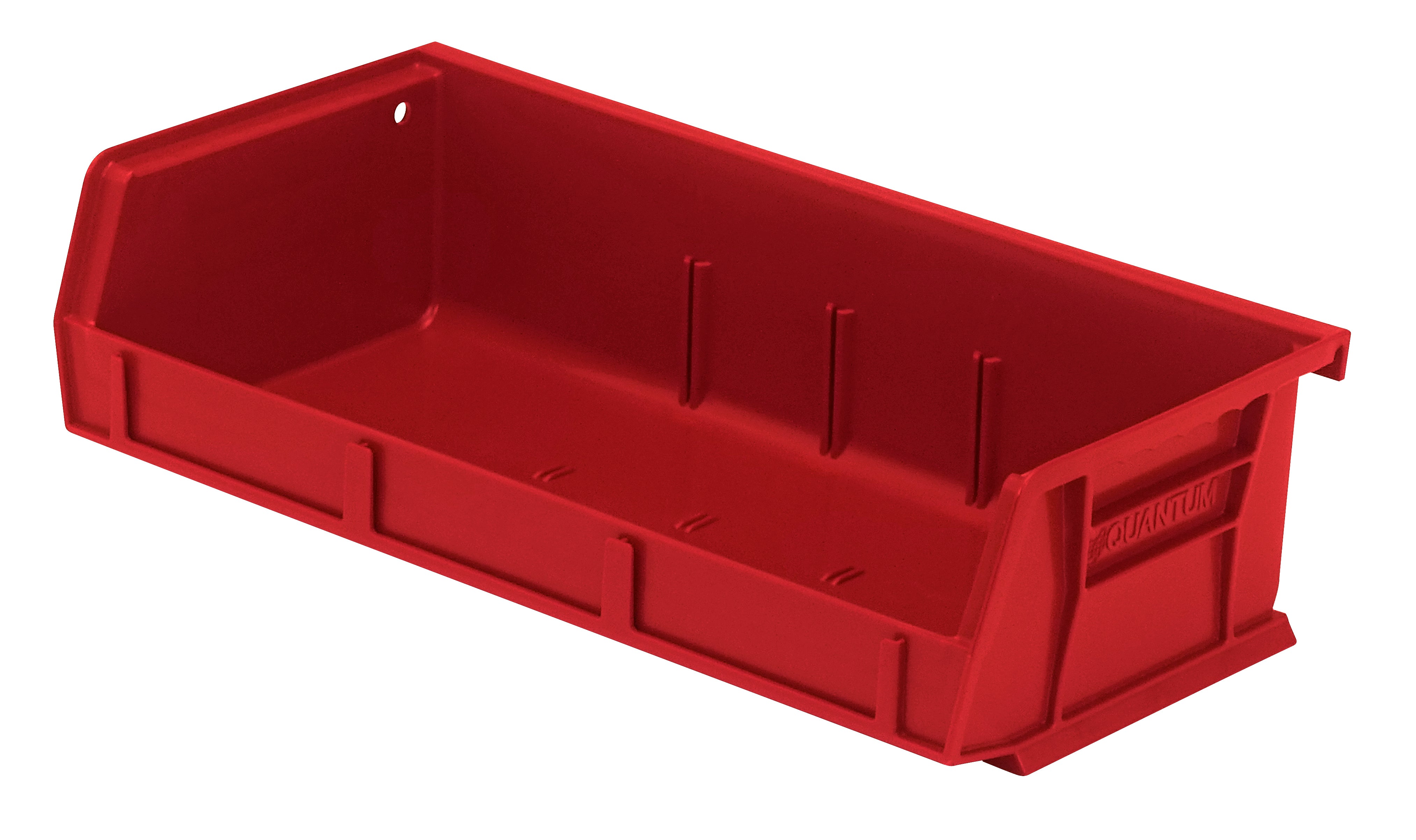 Bin, stacking or hanging, 11"W x 5-3/8"D x 3"H, front/back/side grips, anti-slide lock, (3) divider slot, rear hanger, molded-in label holder, polypropylene, red, Made in USA, case of 8