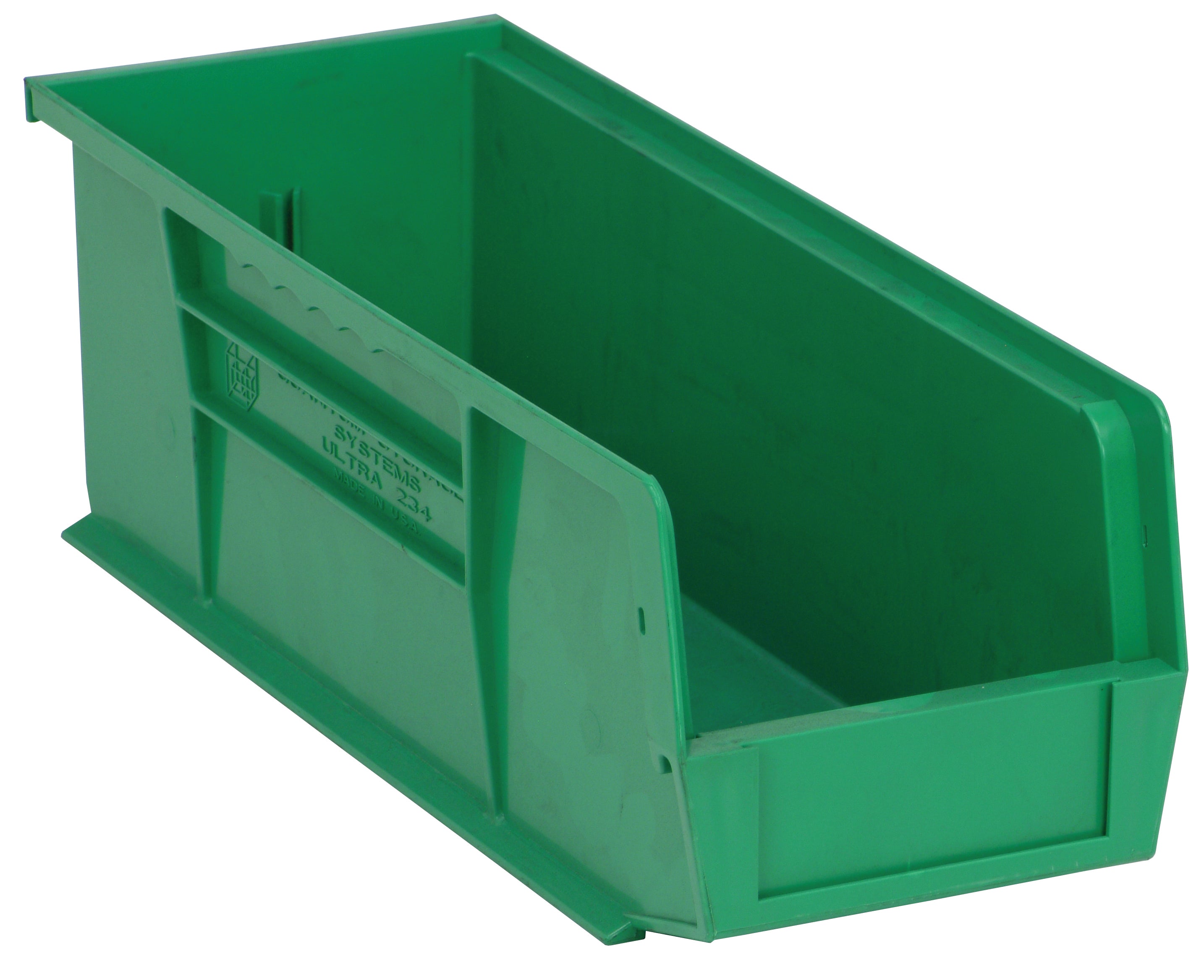 Bin, stacking or hanging, 5-1/2"W x 14-3/4"D x 5"H, front/back/side grips, anti-slide lock, (1) divider slot, rear hanger, molded-in label holder, polypropylene, green, Made in USA, case of 12