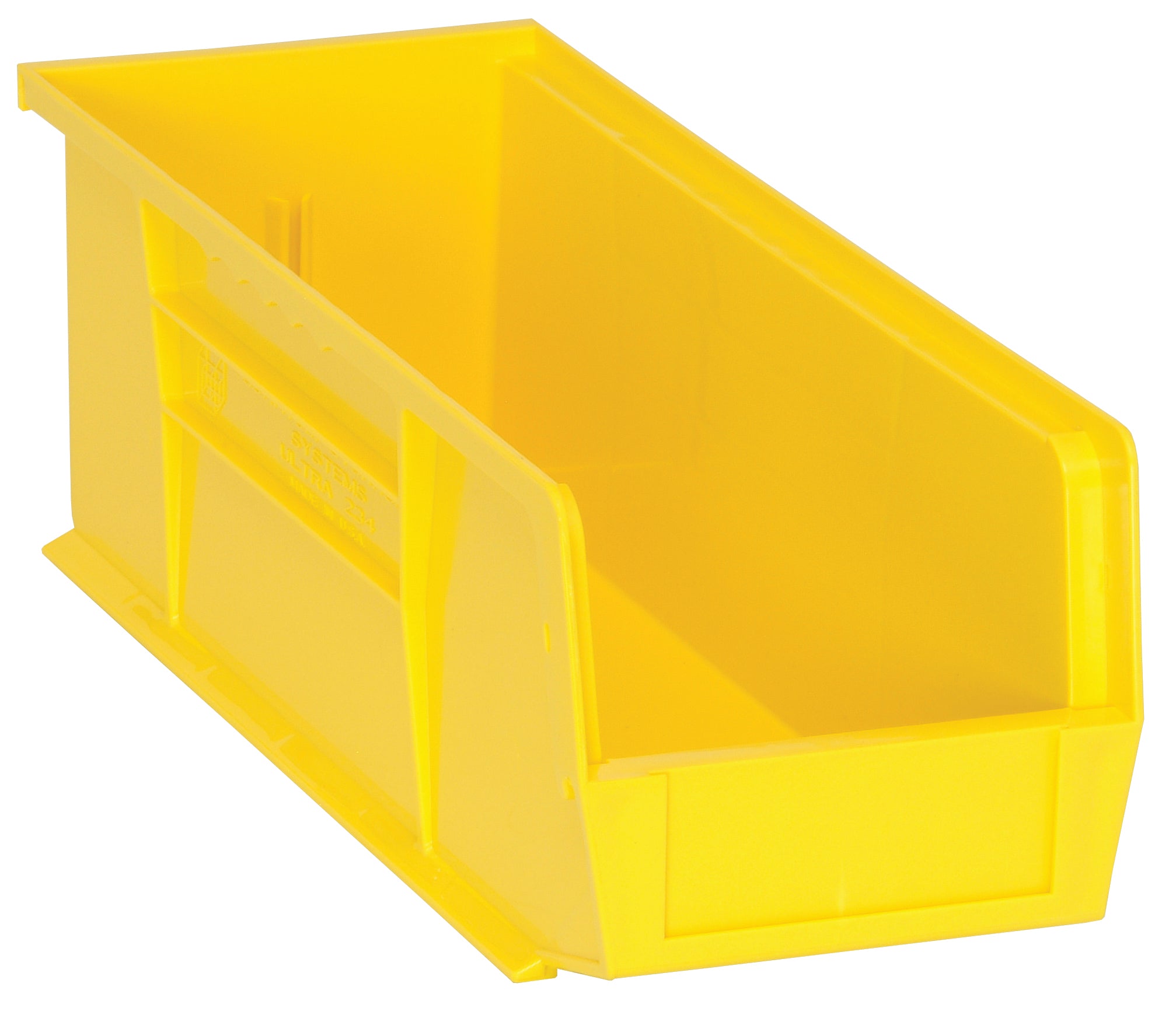 Bin, stacking or hanging, 5-1/2"W x 14-3/4"D x 5"H, front/back/side grips, anti-slide lock, (1) divider slot, rear hanger, molded-in label holder, polypropylene, yellow, Made in USA, case of 12