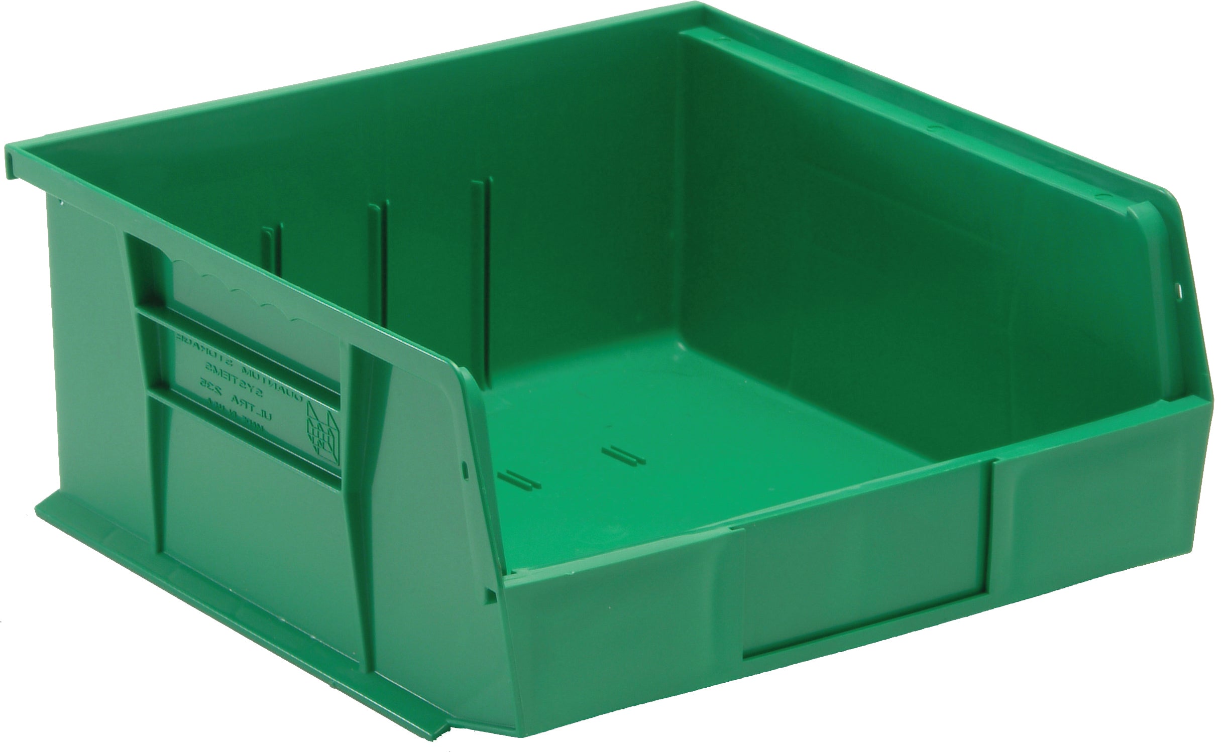 Bin, stacking or hanging, 11"W x 10-7/8"D x 5"H, front/back/side grips, anti-slide lock, (3) divider slot, rear hanger, molded-in label holder, polypropylene, green, Made in USA, case of 6