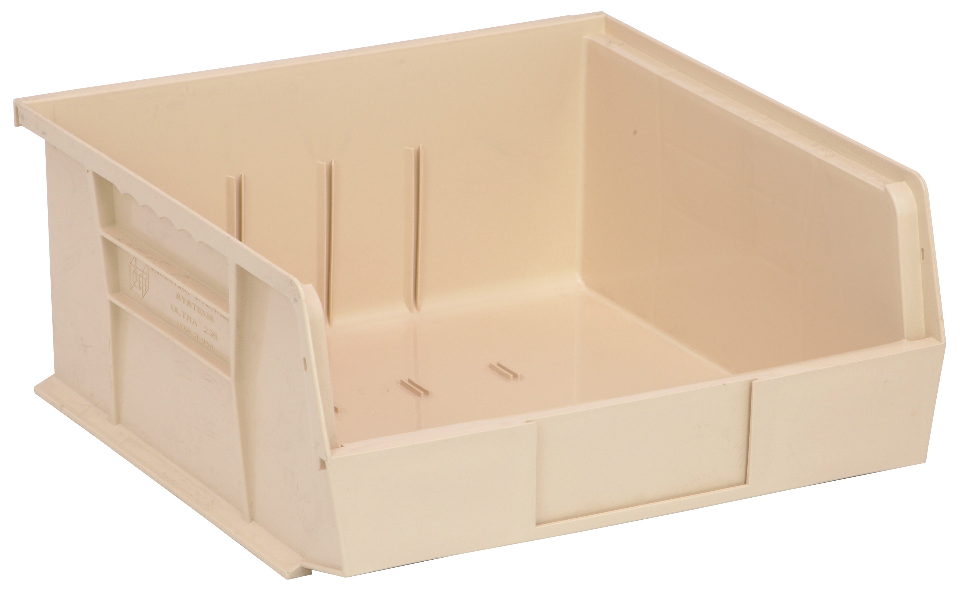 Bin, stacking or hanging, 11"W x 10-7/8"D x 5"H, front/back/side grips, anti-slide lock, (3) divider slot, rear hanger, molded-in label holder, polypropylene, ivory, Made in USA, case of 6