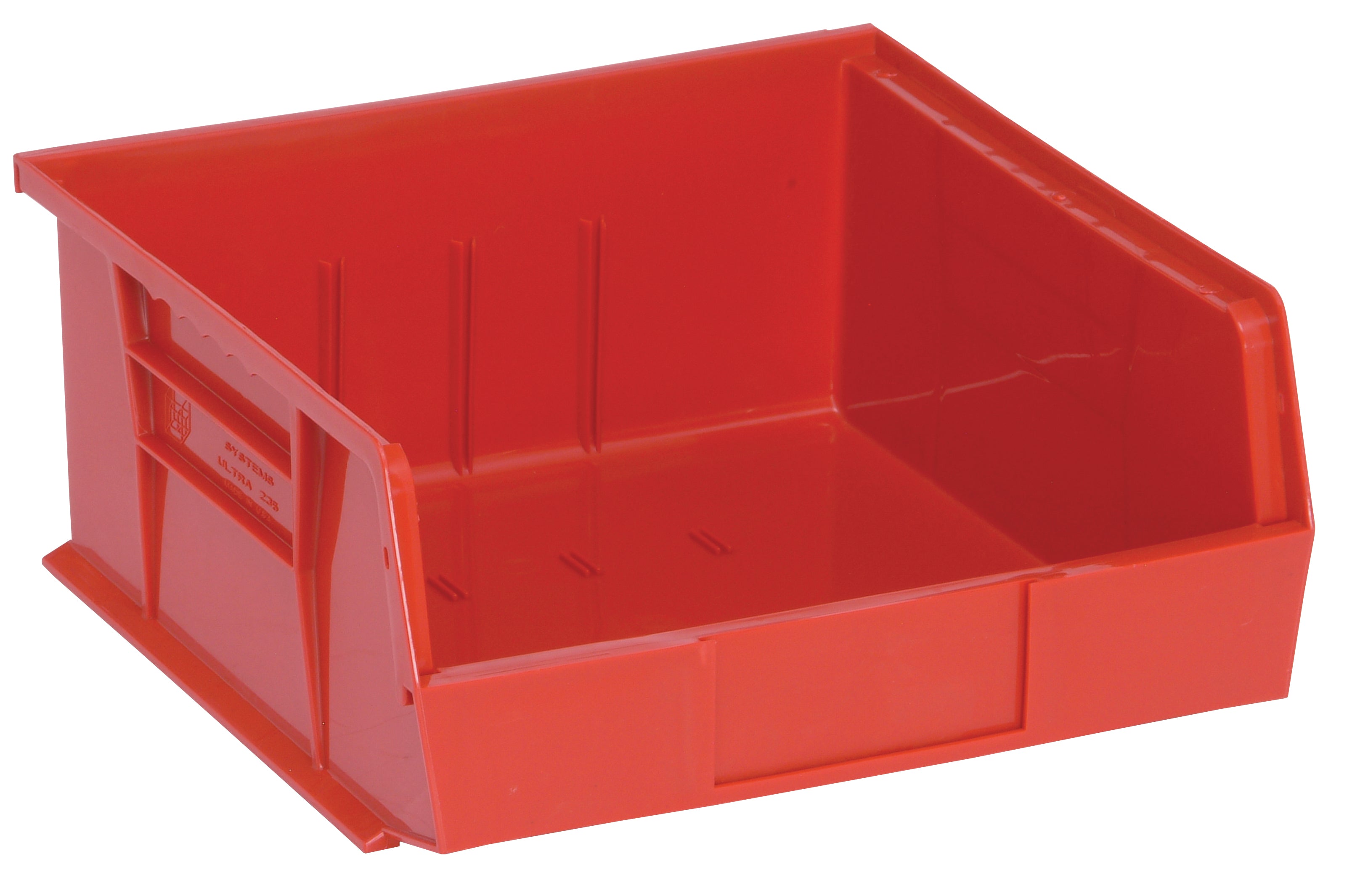 Bin, stacking or hanging, 11"W x 10-7/8"D x 5"H, front/back/side grips, anti-slide lock, (3) divider slot, rear hanger, molded-in label holder, polypropylene, red, Made in USA, case of 6