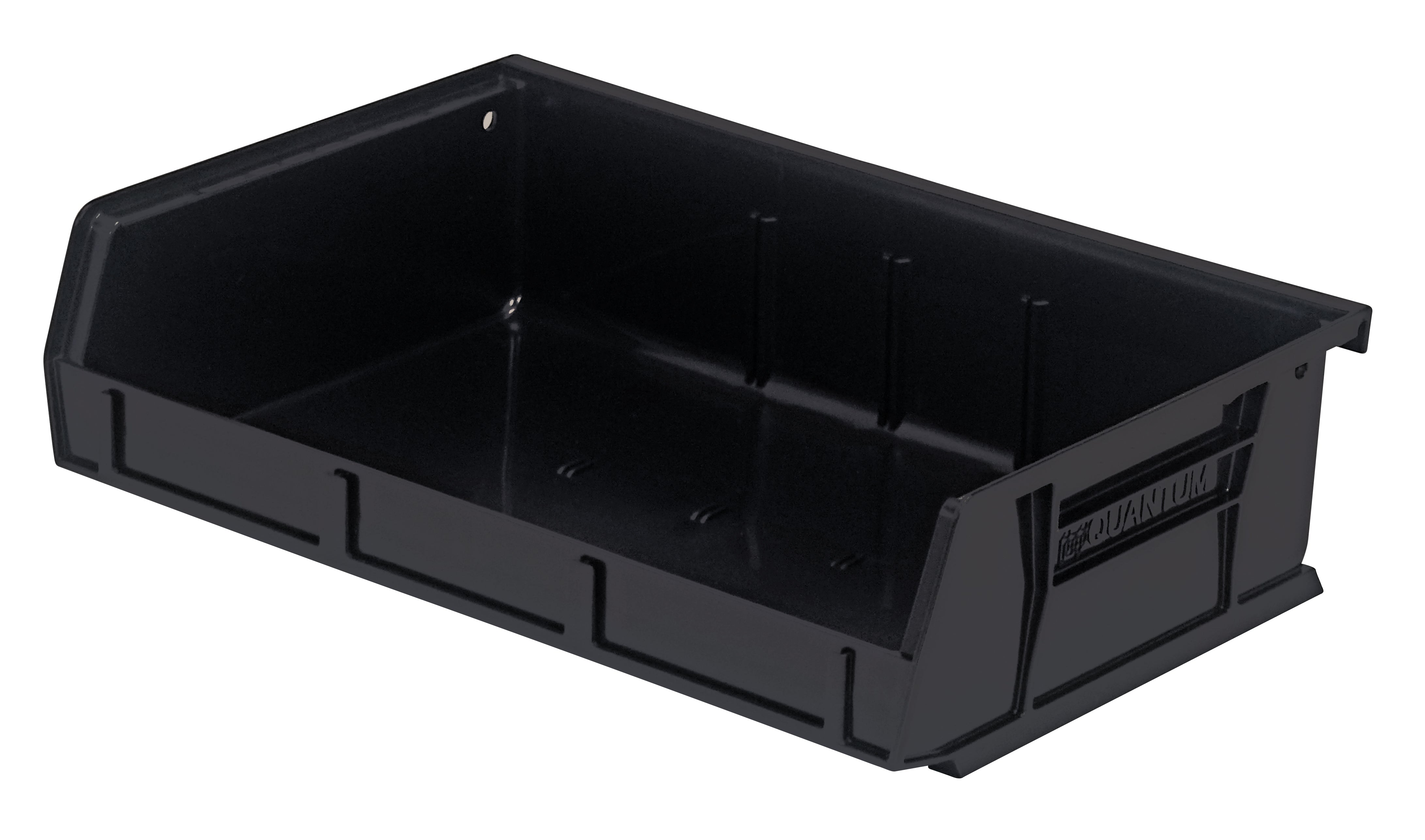 Bin, stacking or hanging, 11"W x 7-3/8"D x 3"H, front/back/side grips, anti-slide lock, (3) divider slot, rear hanger, molded-in label holder, polypropylene, black, Made in USA, case of 8