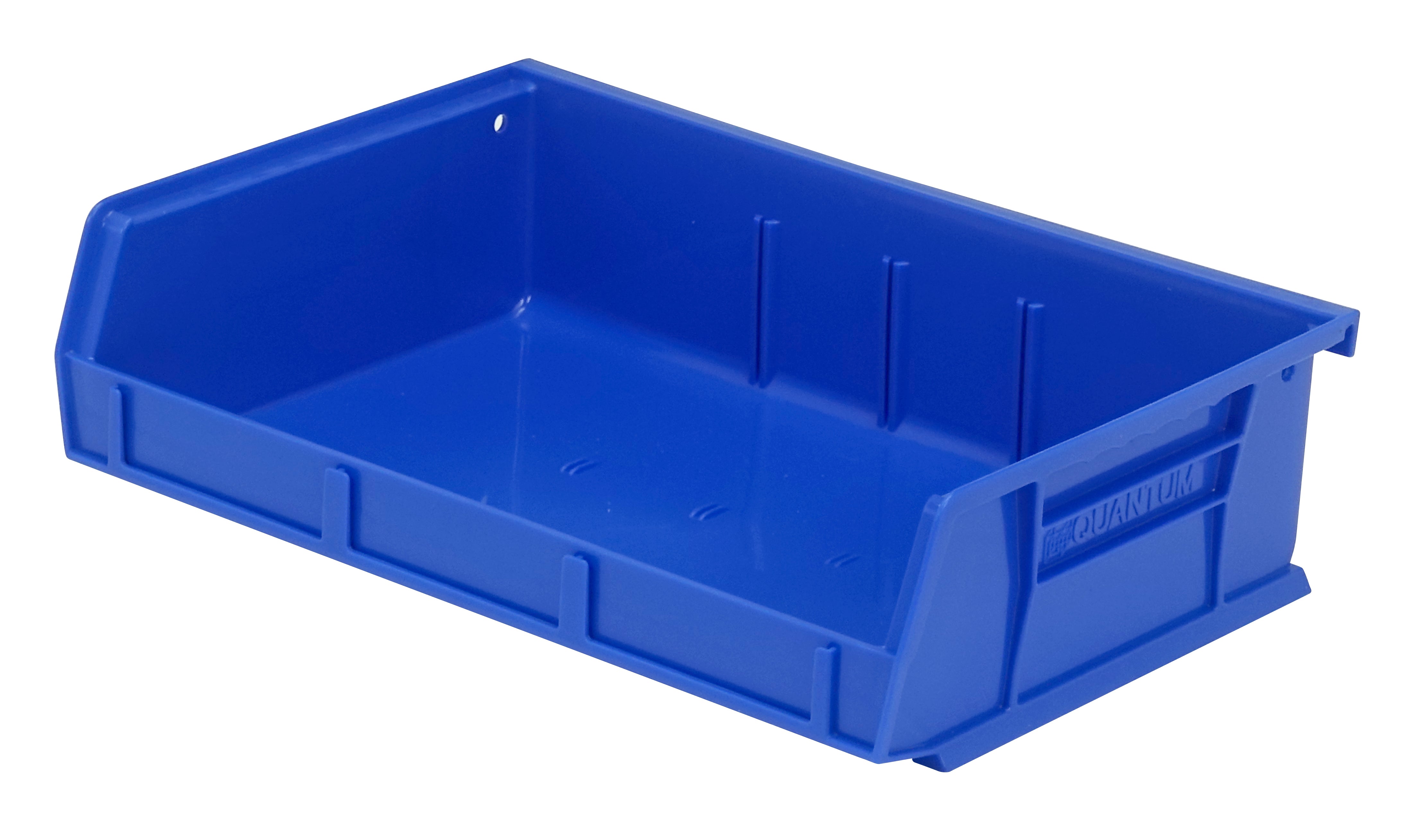 Bin, stacking or hanging, 11"W x 7-3/8"D x 3"H, front/back/side grips, anti-slide lock, (3) divider slot, rear hanger, molded-in label holder, polypropylene, blue, Made in USA, case of 8