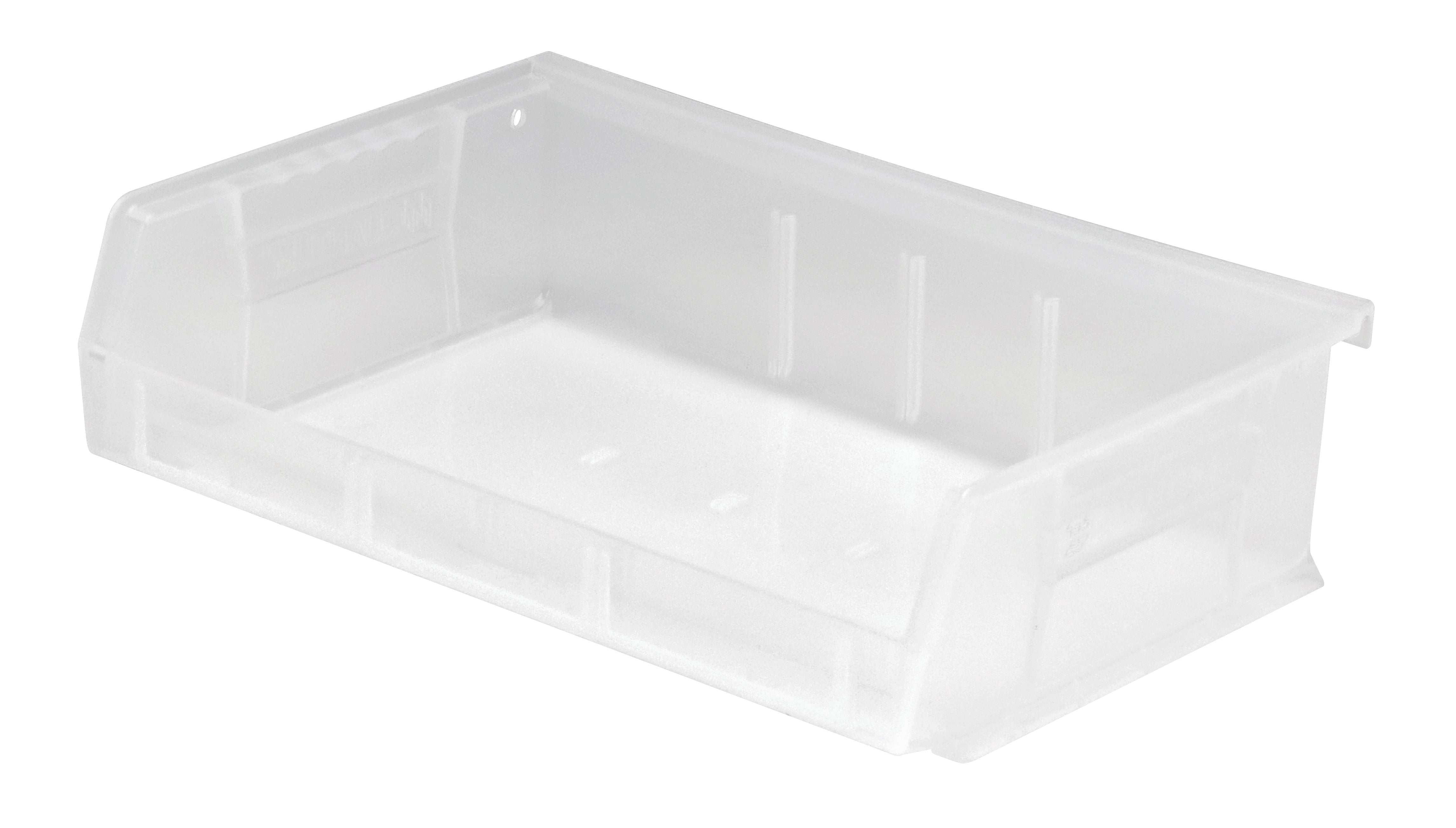 Bin, stacking or hanging, 11"W x 7-3/8"D x 3"H, front/back/side grips, anti-slide lock, (3) divider slots, rear hanger, molded-in label holder, polypropylene, clear, Made in USA, case of 8