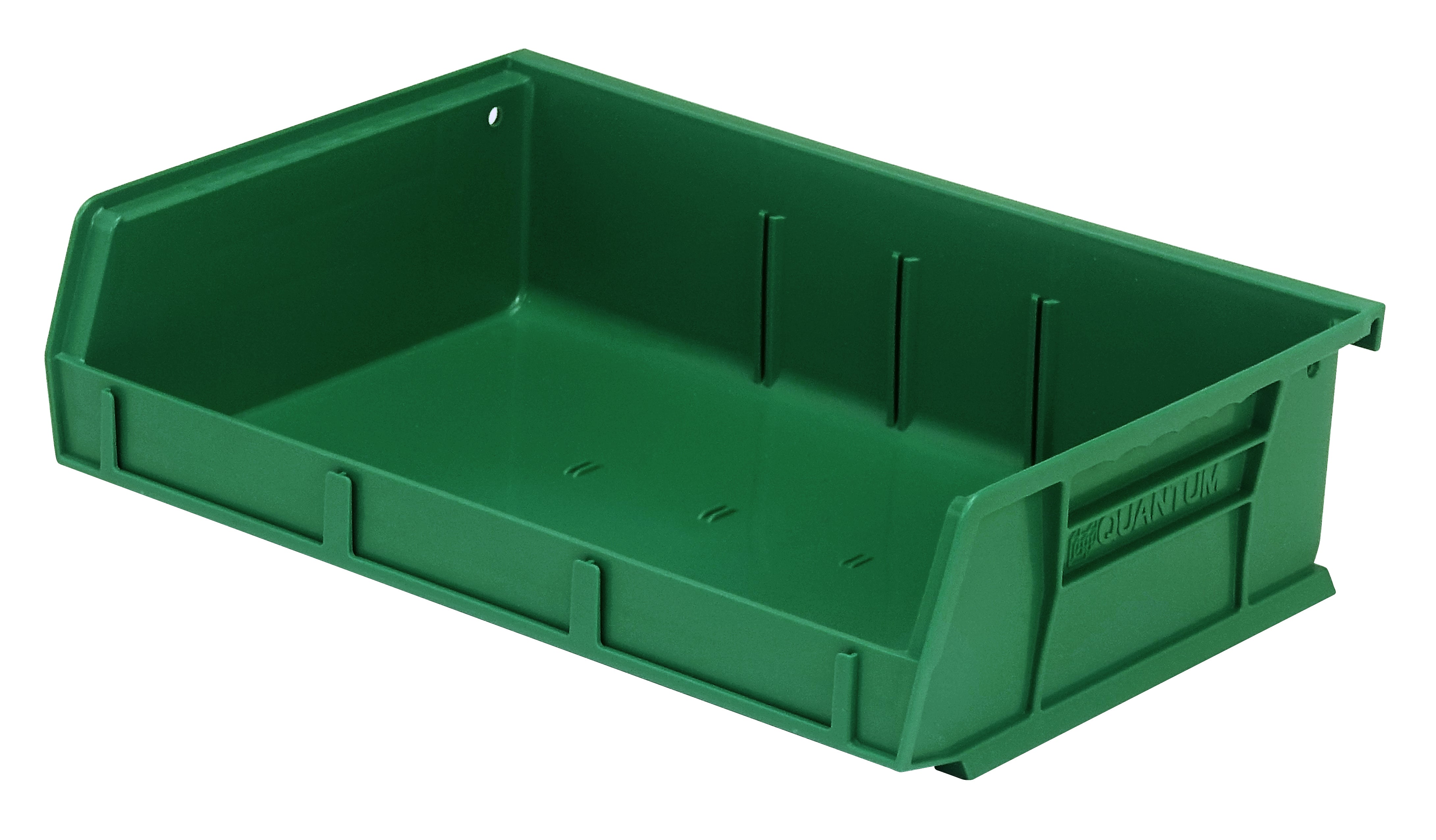 Bin, stacking or hanging, 11"W x 7-3/8"D x 3"H, front/back/side grips, anti-slide lock, (3) divider slot, rear hanger, molded-in label holder, polypropylene, green, Made in USA, case of 8