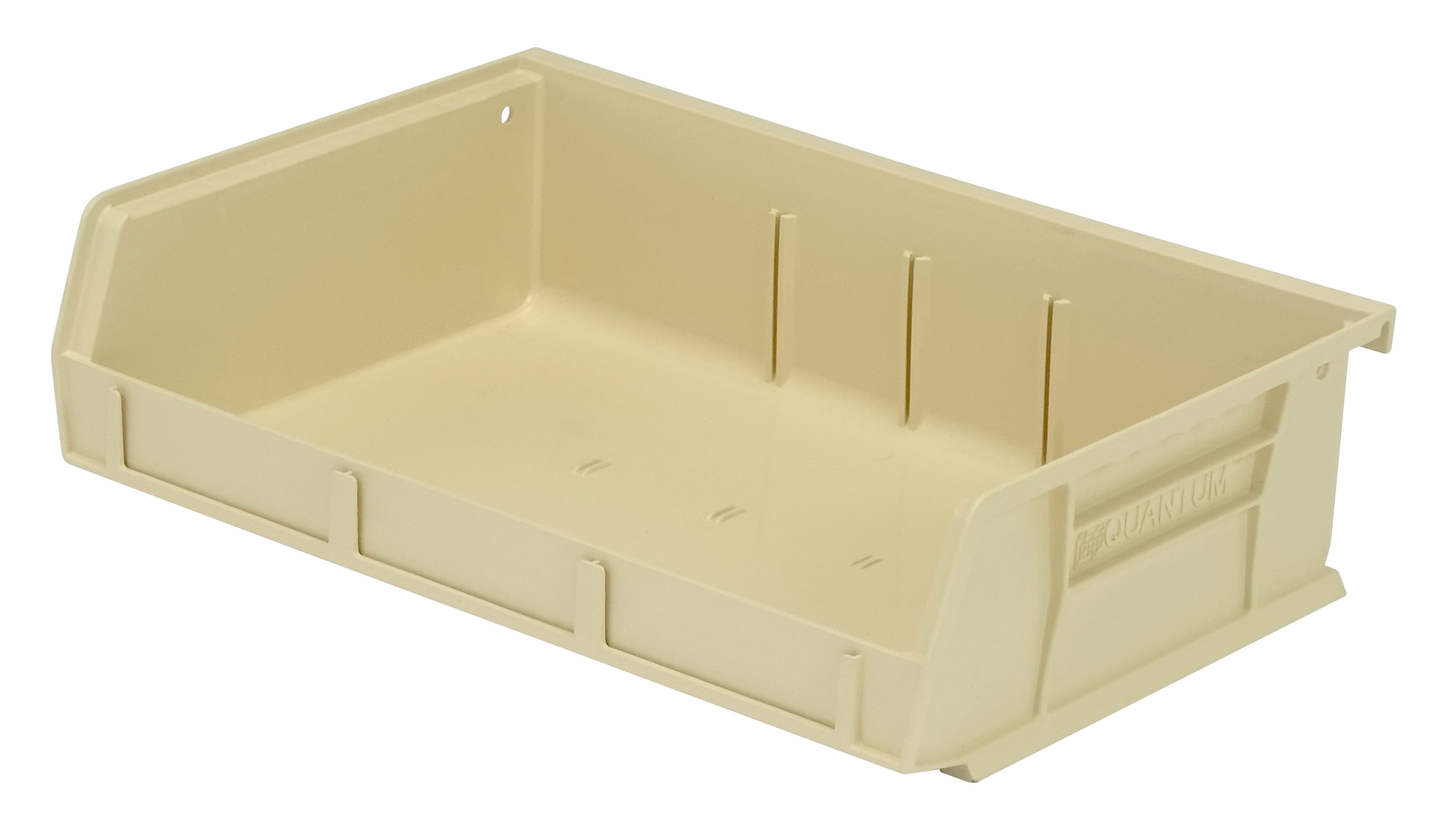 Bin, stacking or hanging, 11"W x 7-3/8"D x 3"H, front/back/side grips, anti-slide lock, (3) divider slot, rear hanger, molded-in label holder, polypropylene, ivory, Made in USA, case of 8