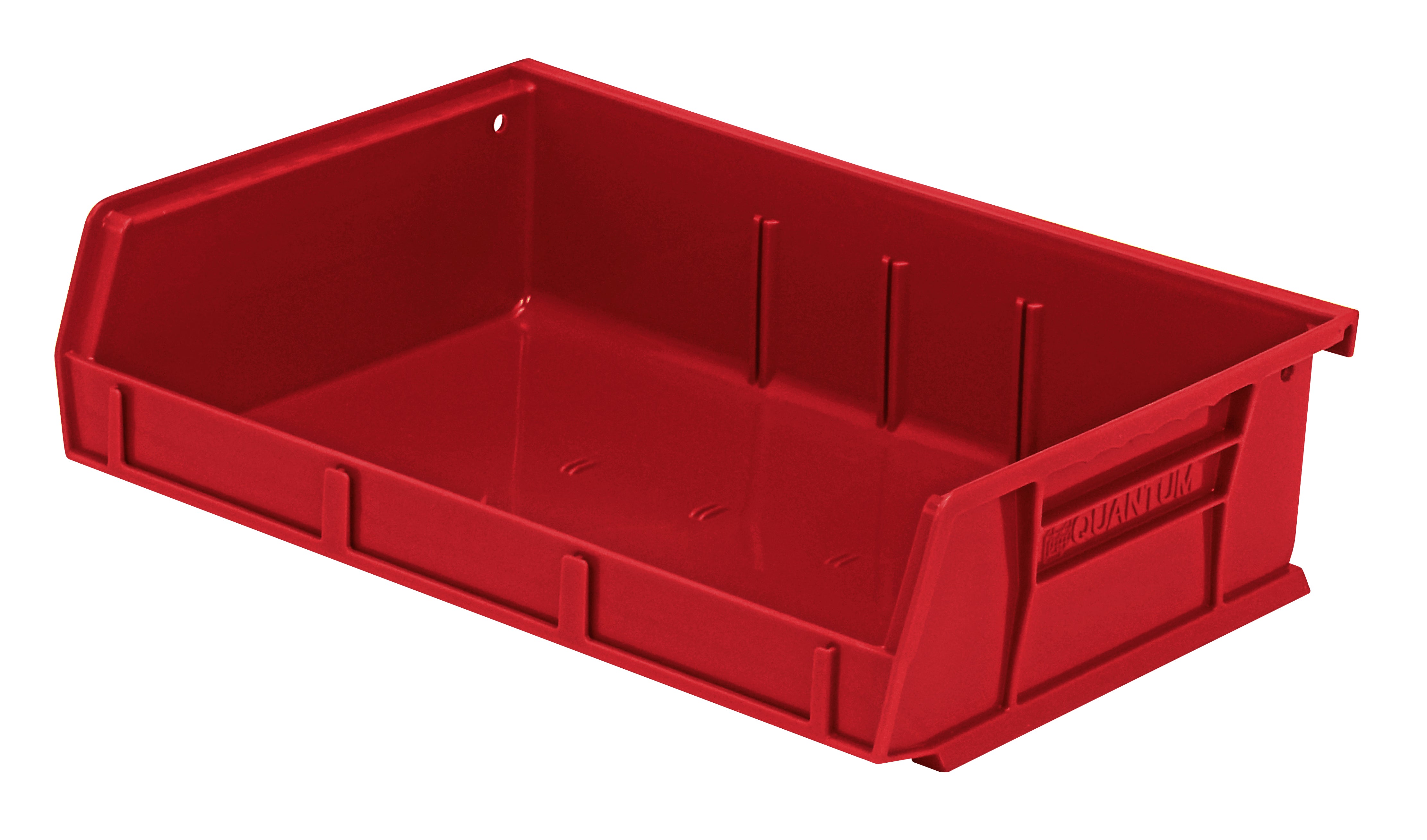 Bin, stacking or hanging, 11"W x 7-3/8"D x 3"H, front/back/side grips, anti-slide lock, (3) divider slot, rear hanger, molded-in label holder, polypropylene, red, Made in USA, case of 8