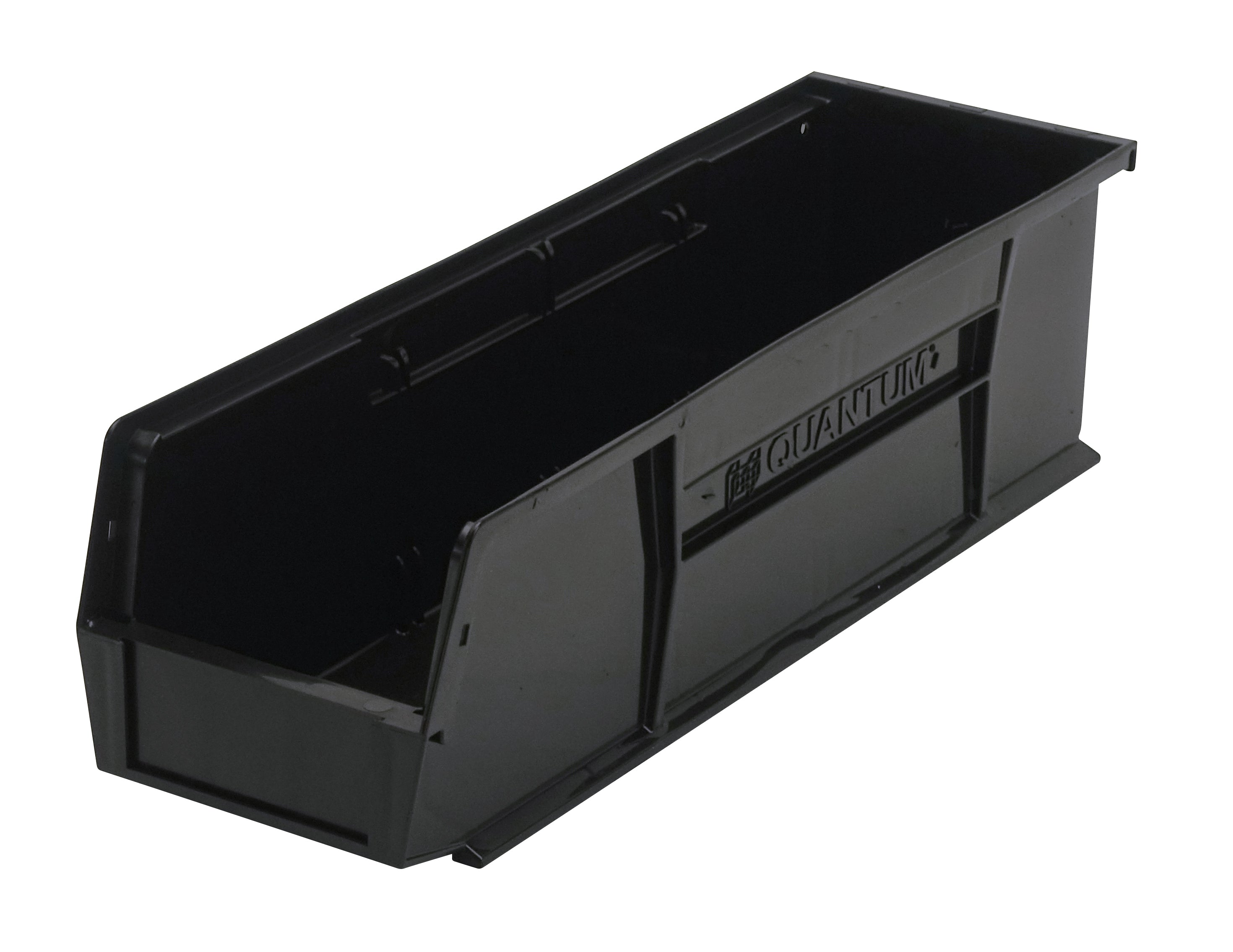 Bin, stacking or hanging, 5-1/2"W x 18"D x 5"H, front/back/side grips, anti-slide lock, (1) divider slot, rear hanger, molded-in label holder, polypropylene, black, Made in USA, case of 12