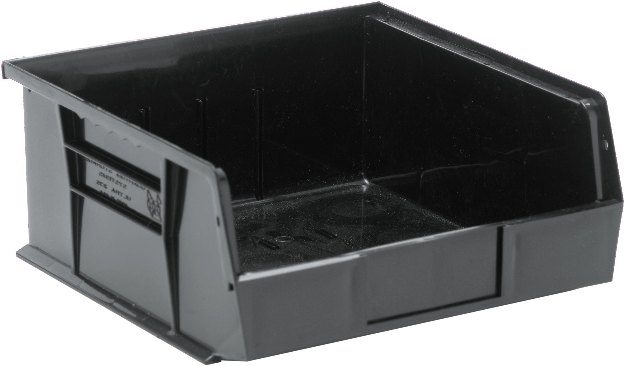 Bin, stacking or hanging, 5-1/2"W x 18"D x 5"H, front/back/side grips, anti-slide lock, (1) divider slot, rear hanger, molded-in label holder, recycled polypropylene, black, Made in USA, case of 12