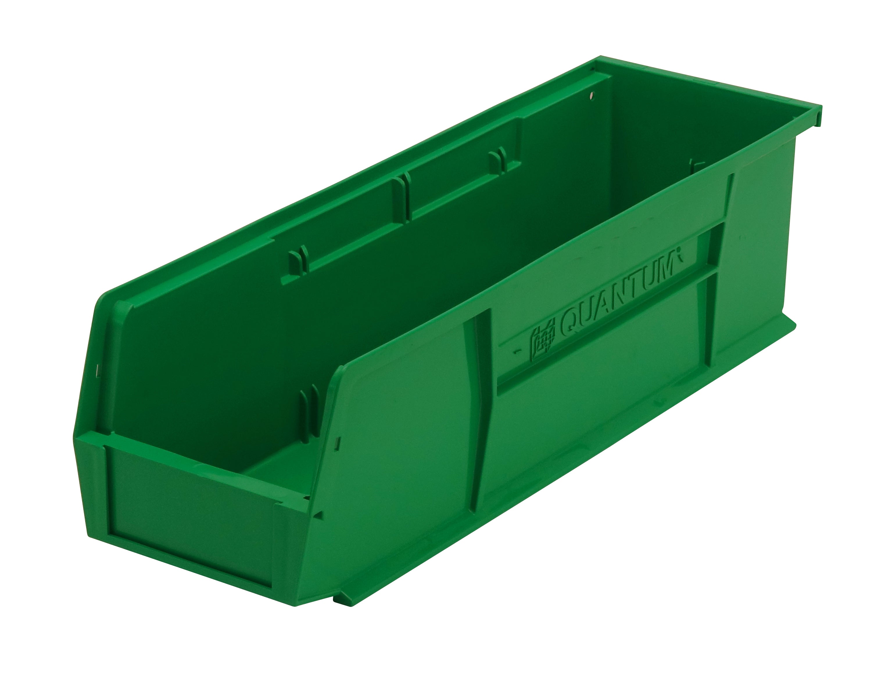 Bin, stacking or hanging, 5-1/2"W x 18"D x 5"H, front/back/side grips, anti-slide lock, (1) divider slot, rear hanger, molded-in label holder, polypropylene, green, Made in USA, case of 12