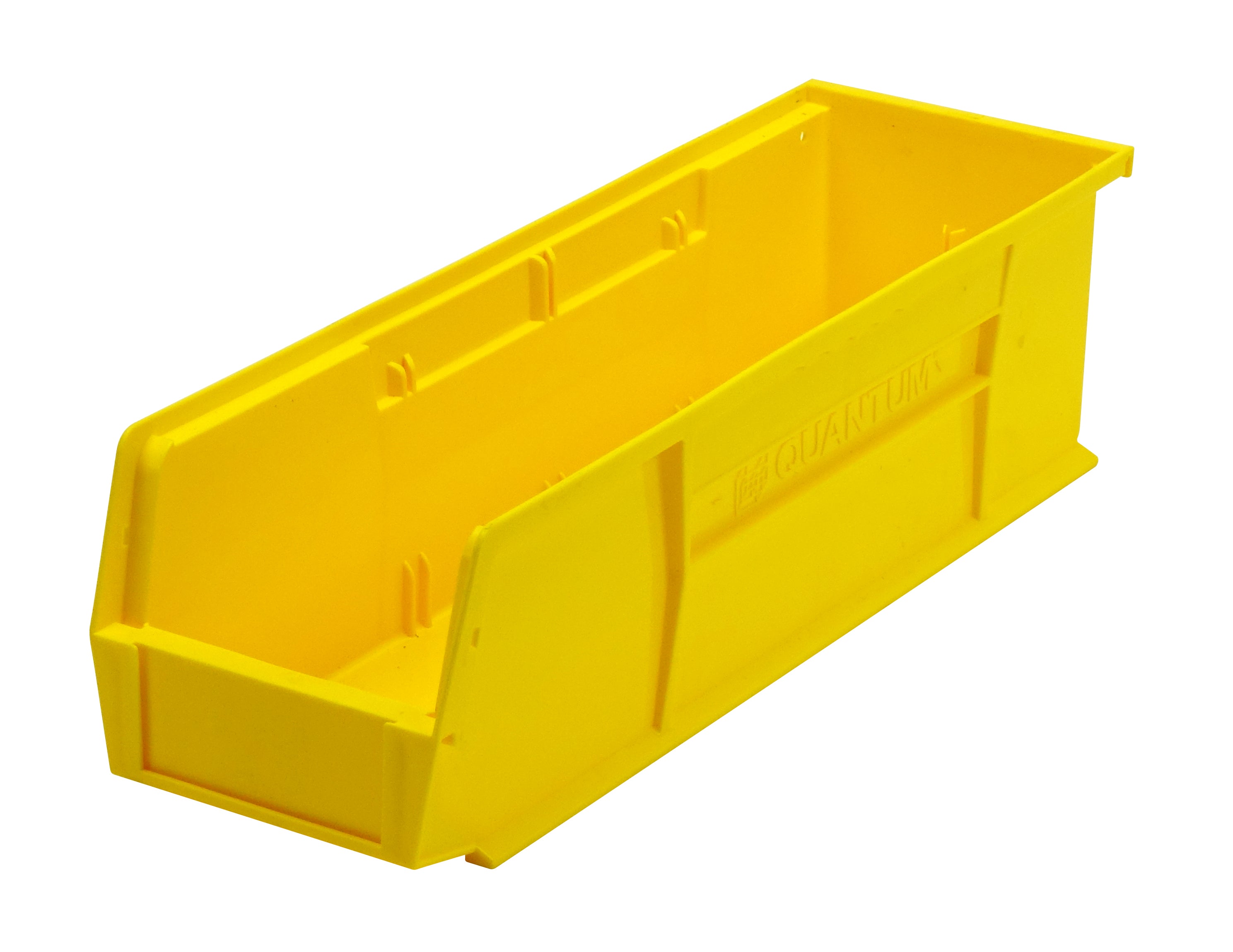 Bin, stacking or hanging, 5-1/2"W x 18"D x 5"H, front/back/side grips, anti-slide lock, (1) divider slot, rear hanger, molded-in label holder, polypropylene, yellow, Made in USA, case of 12