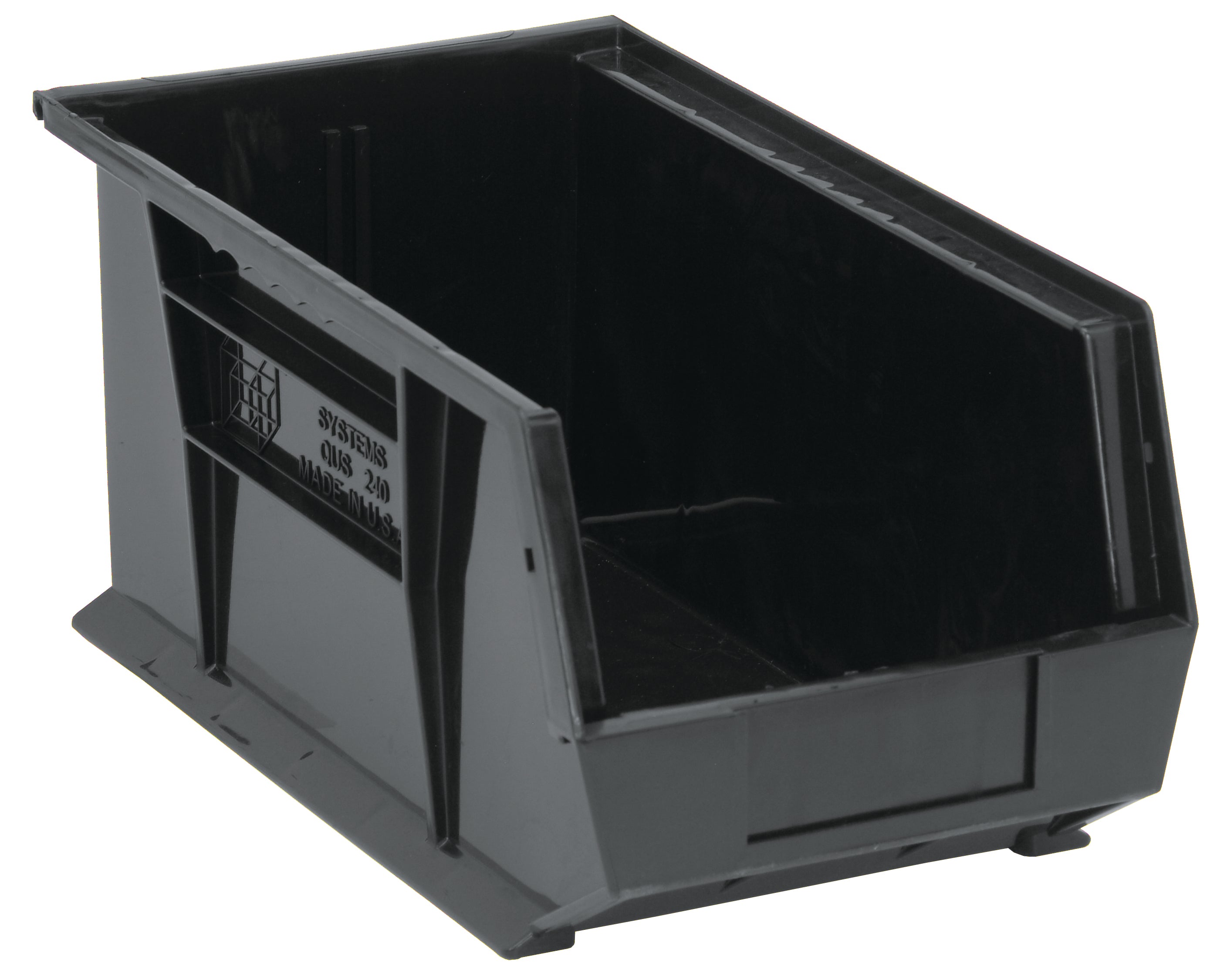 Bin, stacking or hanging, 8-1/4"W x 14-3/4"D x 7"H, front/back/side grips, anti-slide lock, (1) divider slot, rear hanger, molded-in label holder, polypropylene, black, Made in USA, case of 12