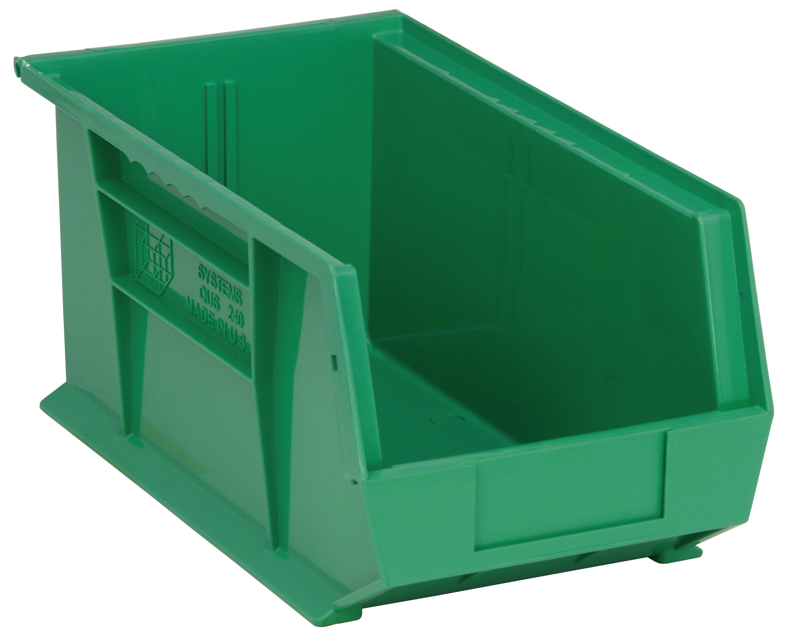 Bin, stacking or hanging, 8-1/4"W x 14-3/4"D x 7"H, front/back/side grips, anti-slide lock, (1) divider slot, rear hanger, molded-in label holder, polypropylene, green, Made in USA, case of 12