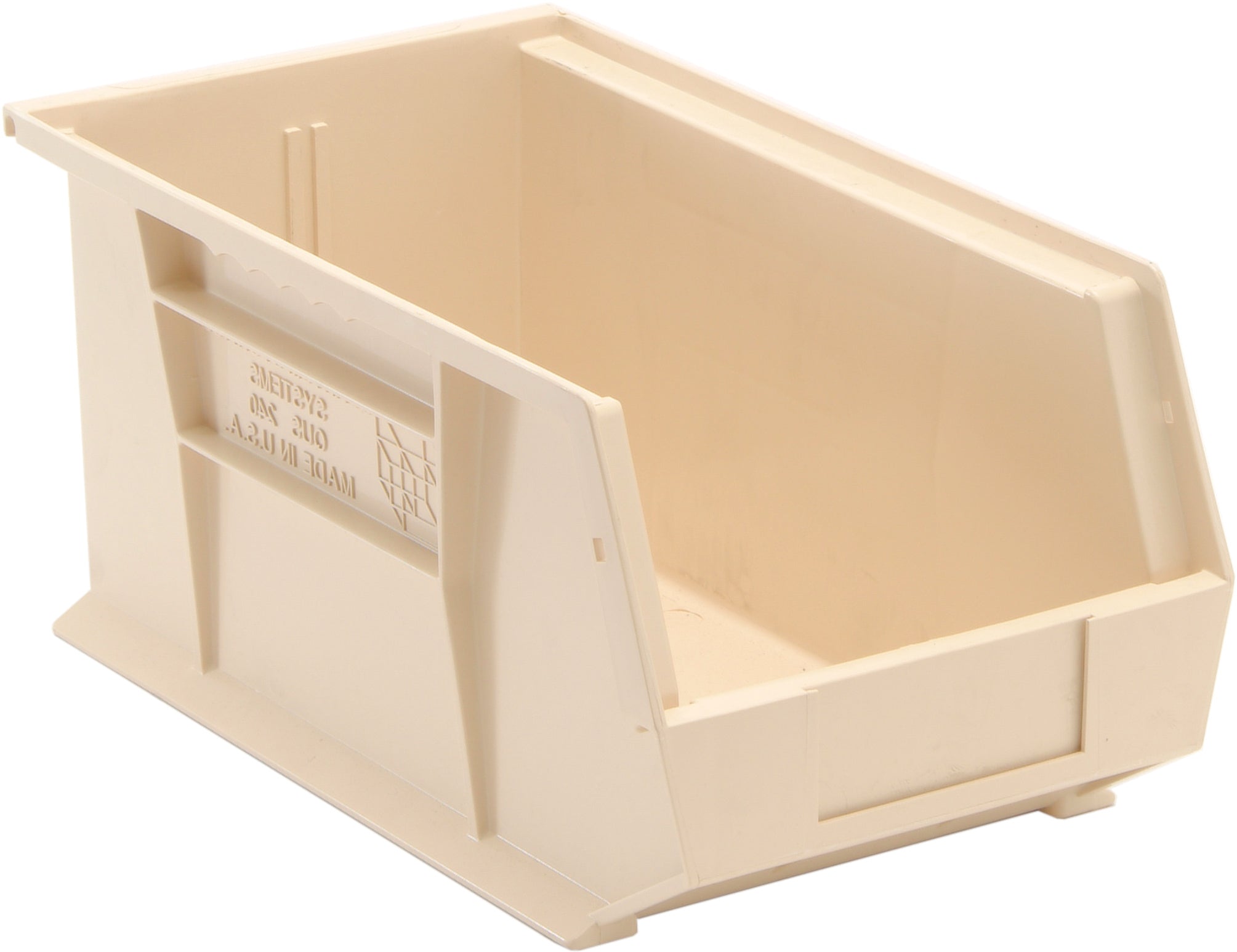 Bin, stacking or hanging, 8-1/4"W x 14-3/4"D x 7"H, front/back/side grips, anti-slide lock, (1) divider slot, rear hanger, molded-in label holder, polypropylene, ivory, Made in USA, case of 12
