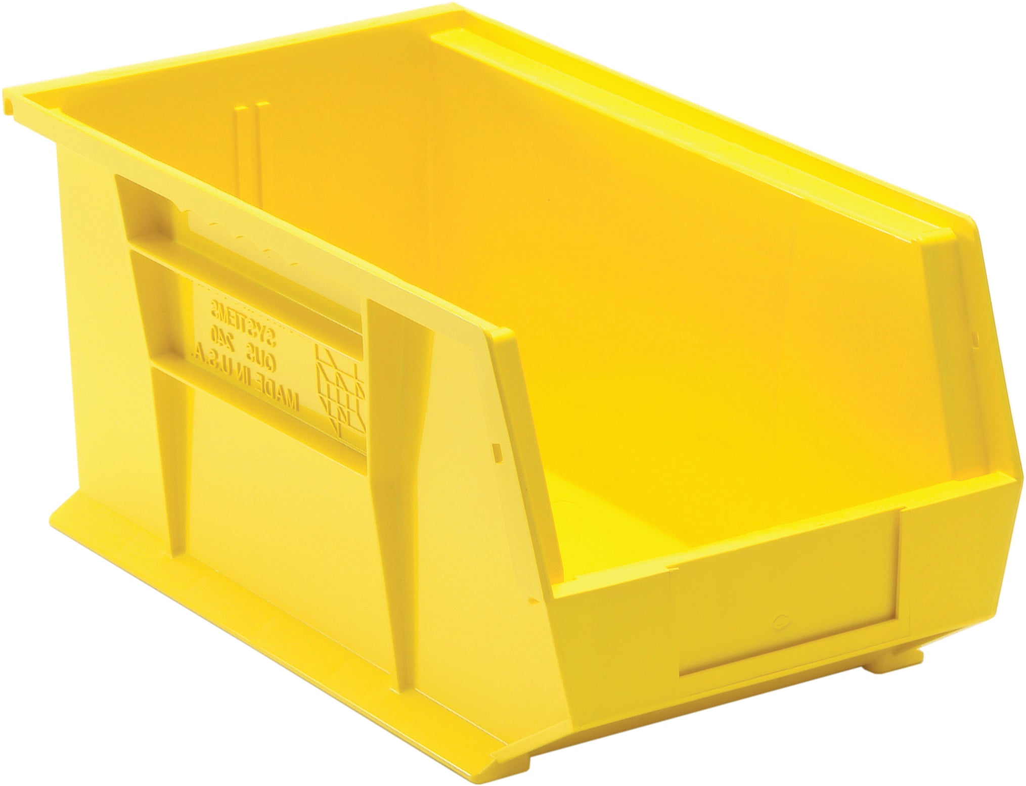 Bin, stacking or hanging, 8-1/4"W x 14-3/4"D x 7"H, front/back/side grips, anti-slide lock, (1) divider slot, rear hanger, molded-in label holder, polypropylene, yellow, Made in USA, case of 12
