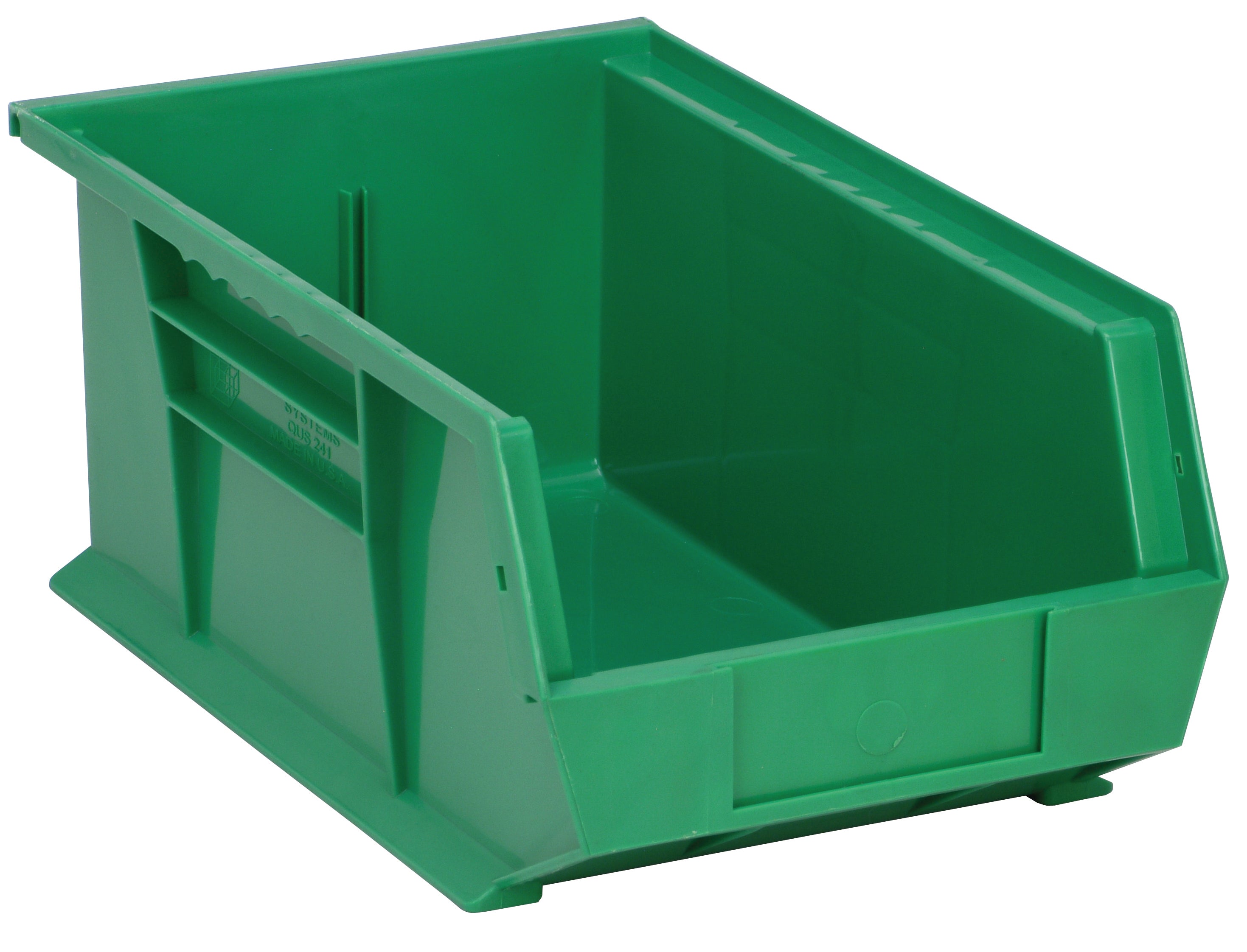 Bin, stacking or hanging, 8-1/4"W x 13-5/8"D x 6"H, front/back/side grips, anti-slide lock, (1) divider slot, rear hanger, molded-in label holder, polypropylene, green, Made in USA, case of 12