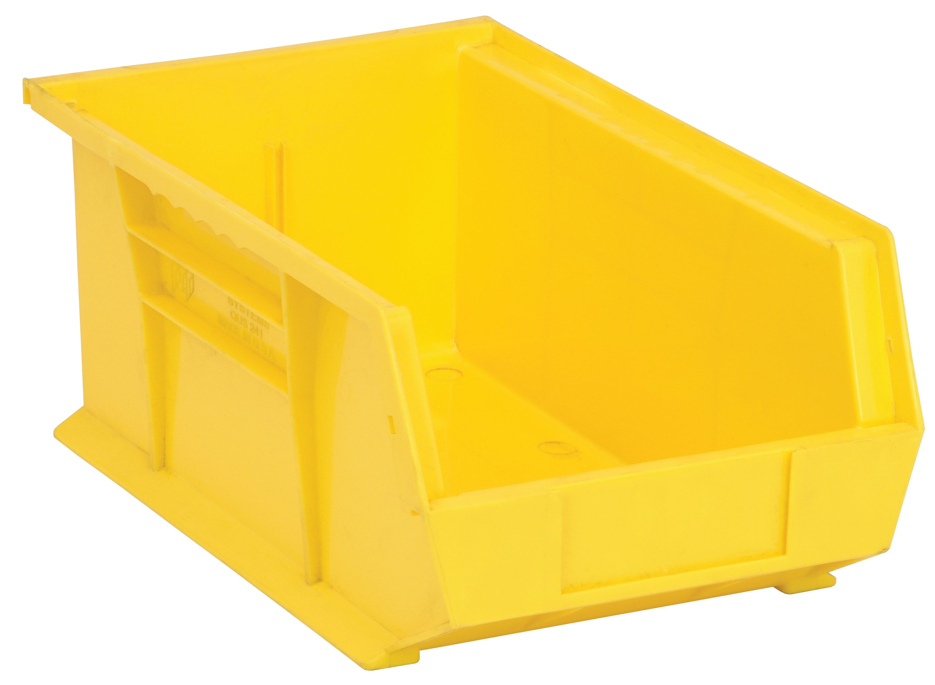Bin, stacking or hanging, 8-1/4"W x 13-5/8"D x 6"H, front/back/side grips, anti-slide lock, (1) divider slot, rear hanger, molded-in label holder, polypropylene, yellow, Made in USA, case of 12