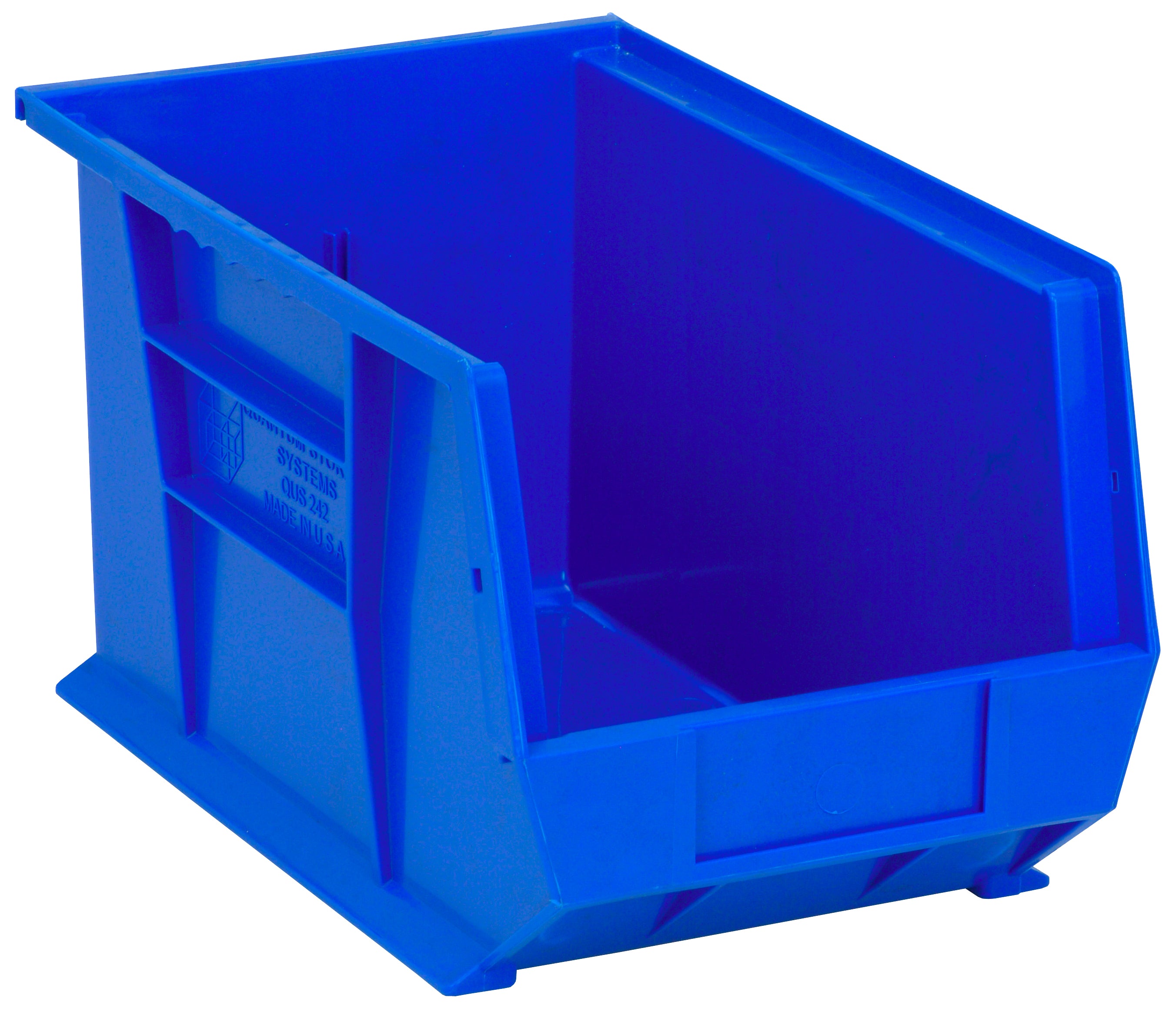 Bin, stacking or hanging, 8-1/4"W x 13-5/8"D x 8"H, front/back/side grips, anti-slide lock, (1) divider slot, rear hanger, molded-in label holder, polypropylene, blue, Made in USA, case of 12
