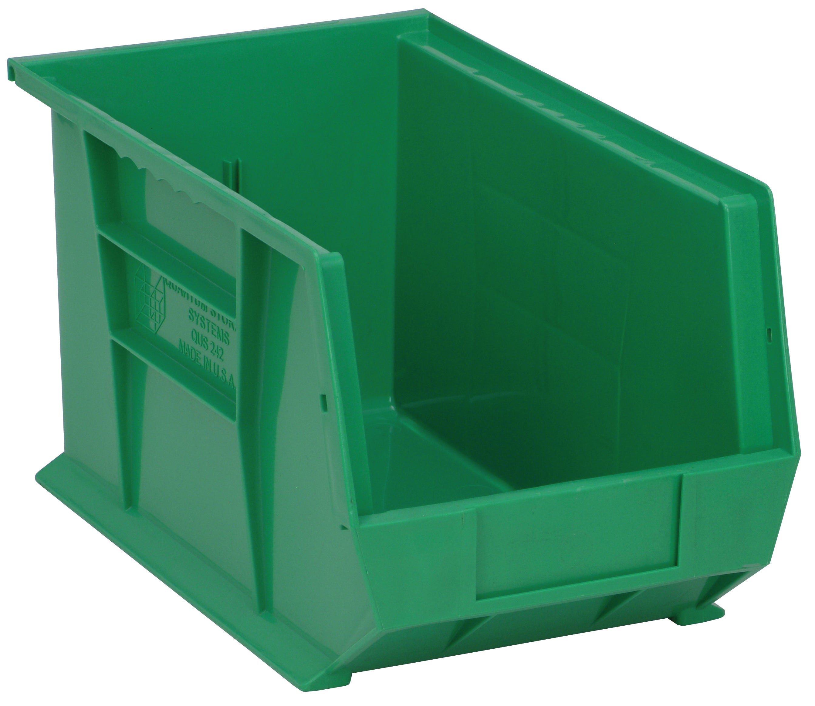 Bin, stacking or hanging, 8-1/4"W x 13-5/8"D x 8"H, front/back/side grips, anti-slide lock, (1) divider slot, rear hanger, molded-in label holder, polypropylene, green, Made in USA, case of 12
