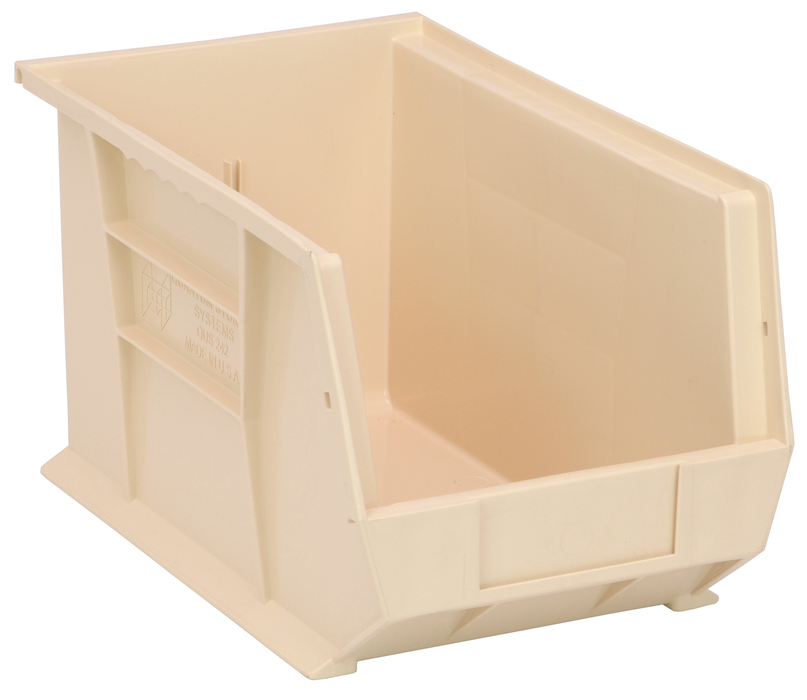 Bin, stacking or hanging, 8-1/4"W x 13-5/8"D x 8"H, front/back/side grips, anti-slide lock, (1) divider slot, rear hanger, molded-in label holder, polypropylene, ivory, Made in USA, case of 12