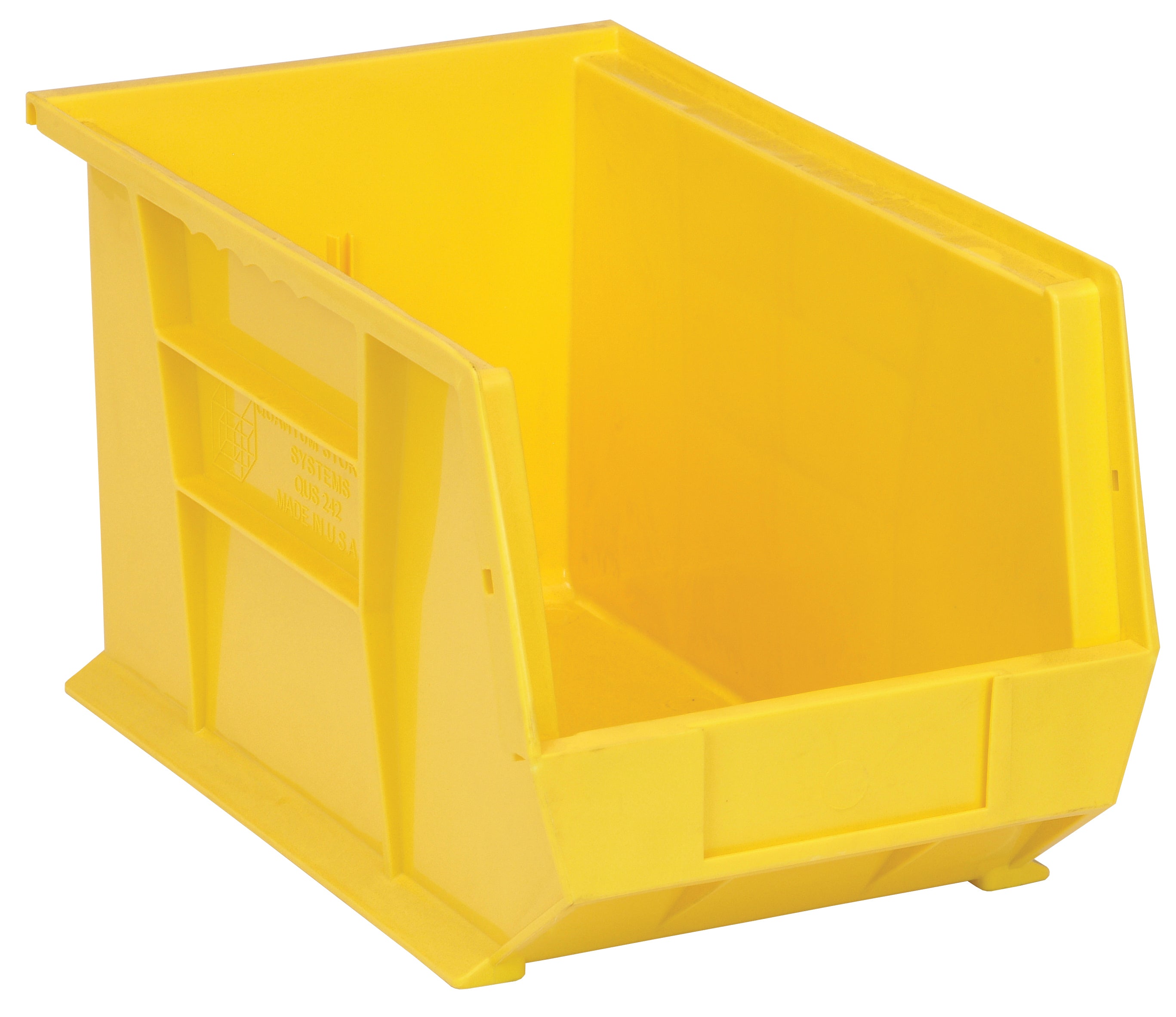 Bin, stacking or hanging, 8-1/4"W x 13-5/8"D x 8"H, front/back/side grips, anti-slide lock, (1) divider slot, rear hanger, molded-in label holder, polypropylene, yellow, Made in USA, case of 12