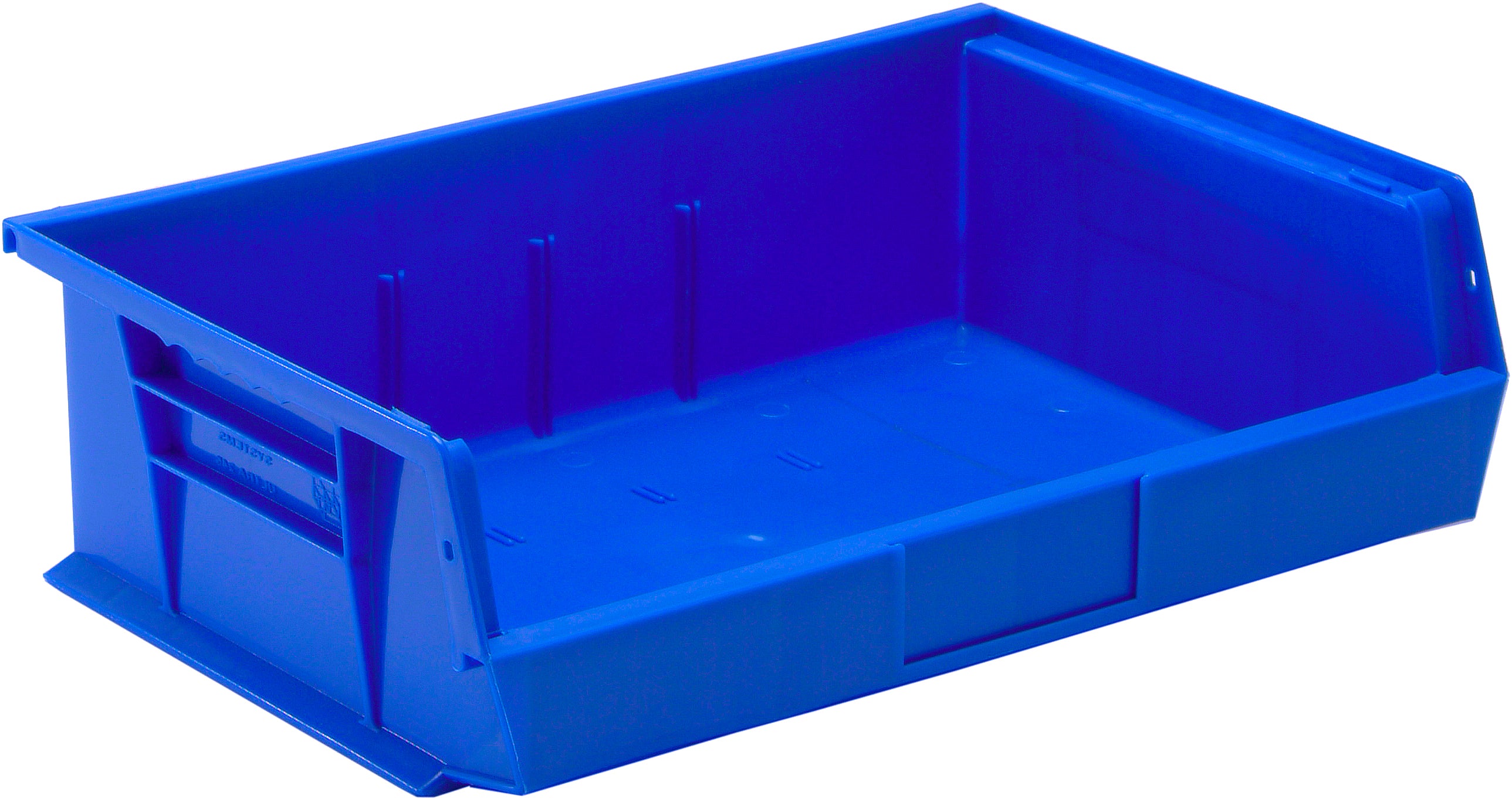 Bin, stacking or hanging, 16-1/2"W x 10-7/8"D x 5"H, front/back/side grips, anti-slide lock, (3) divider slot, rear hanger, molded-in label holder, polypropylene, blue, Made in USA, case of 6