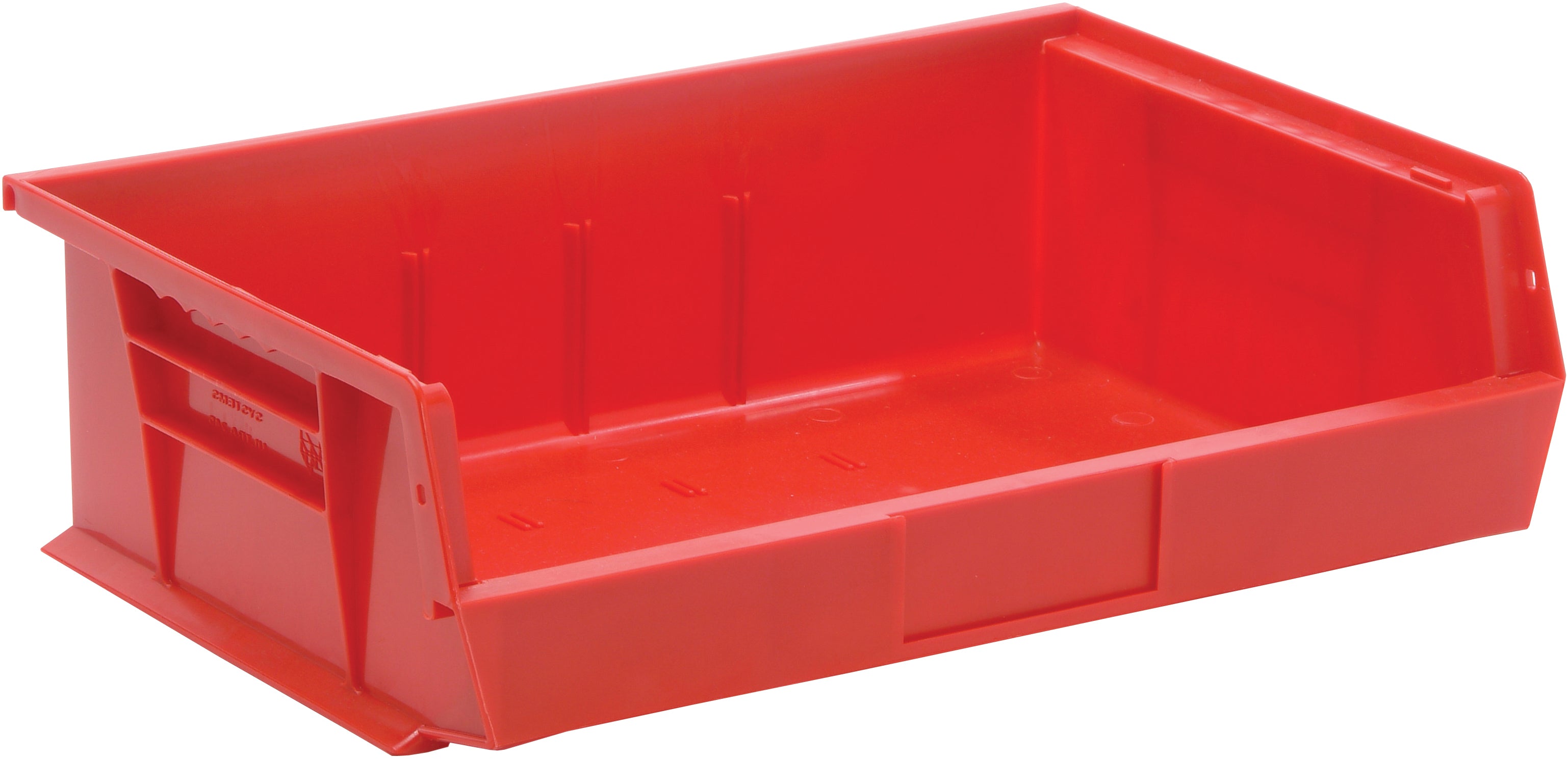 Bin, stacking or hanging, 16-1/2"W x 10-7/8"D x 5"H, front/back/side grips, anti-slide lock, (3) divider slot, rear hanger, molded-in label holder, polypropylene, red, Made in USA, case of 6