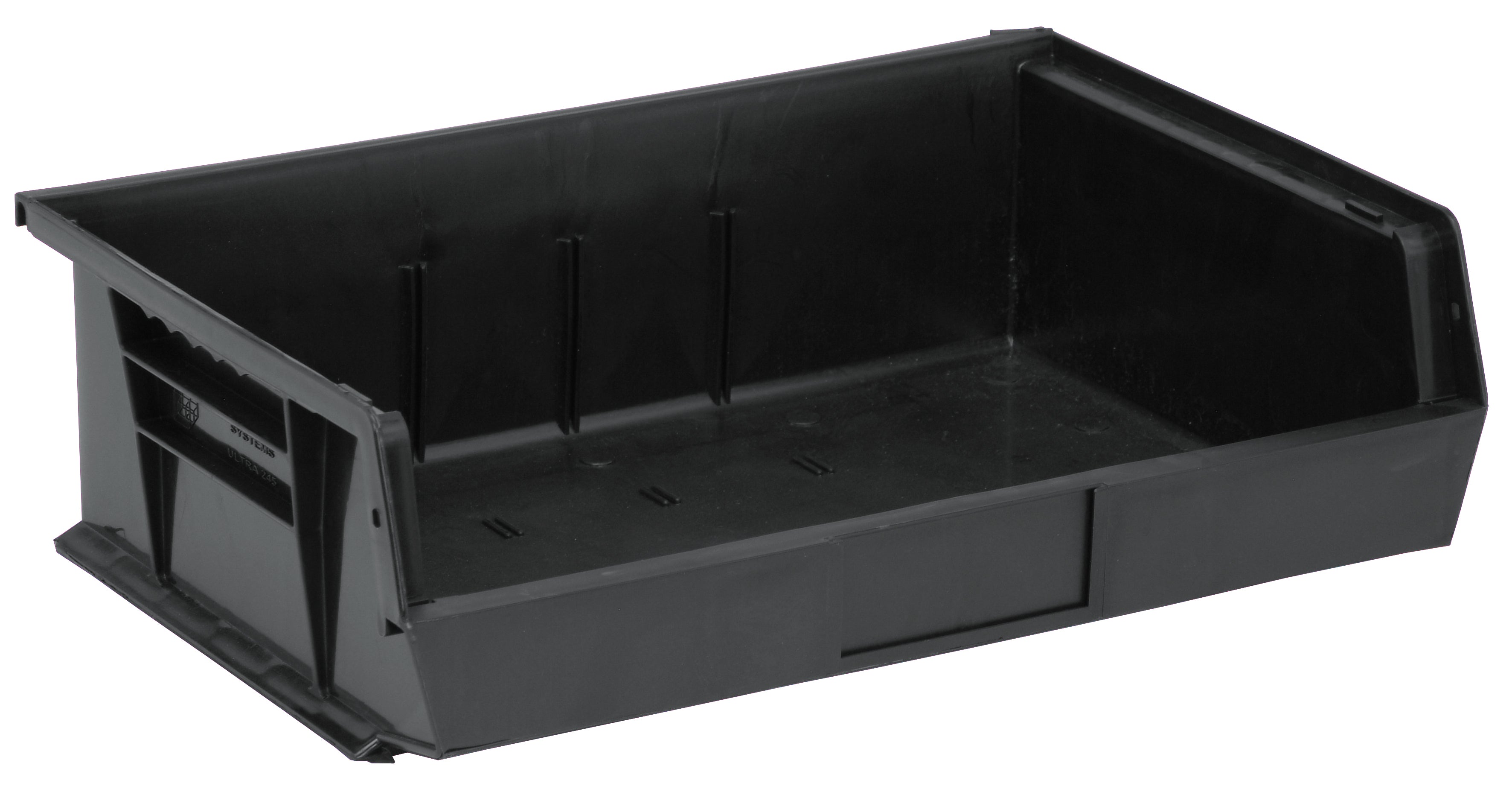 Bin, stacking or hanging, 8-1/4"W x 18"D x 7"H, front/back/side grips, anti-slide lock, (1) divider slot, rear hanger, molded-in label holder, recycled polypropylene, black, Made in USA, case of 6