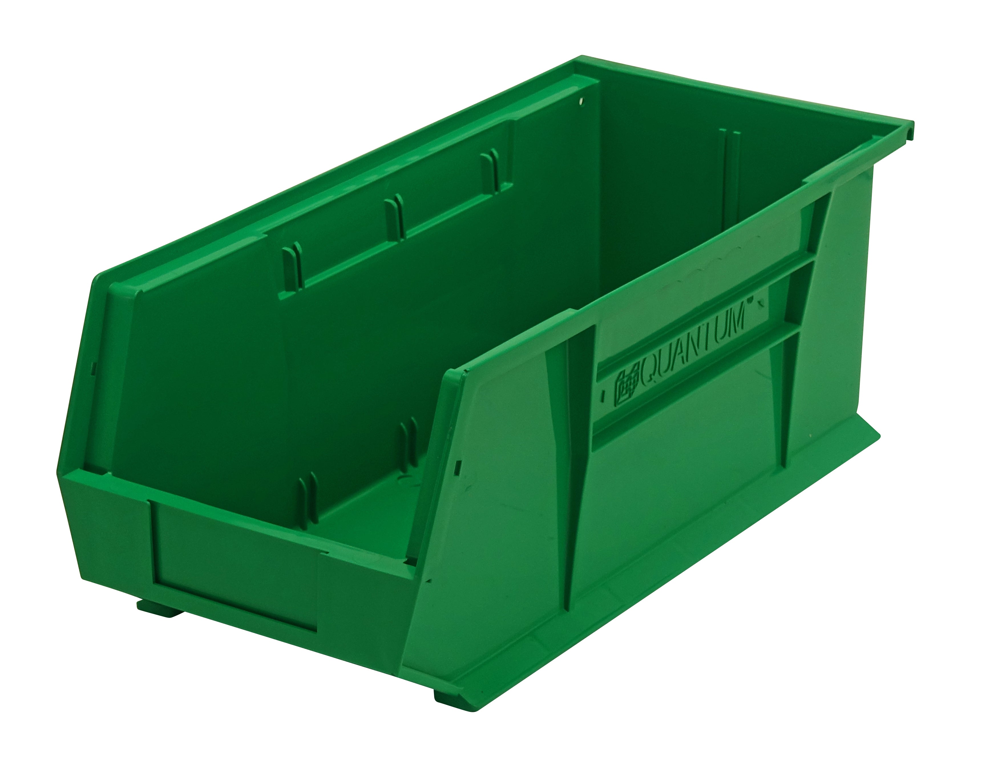 Bin, stacking or hanging, 8-1/4"W x 18"D x 7"H, front/back/side grips, anti-slide lock, (1) divider slot, rear hanger, molded-in label holder, polypropylene, green, Made in USA, case of 6