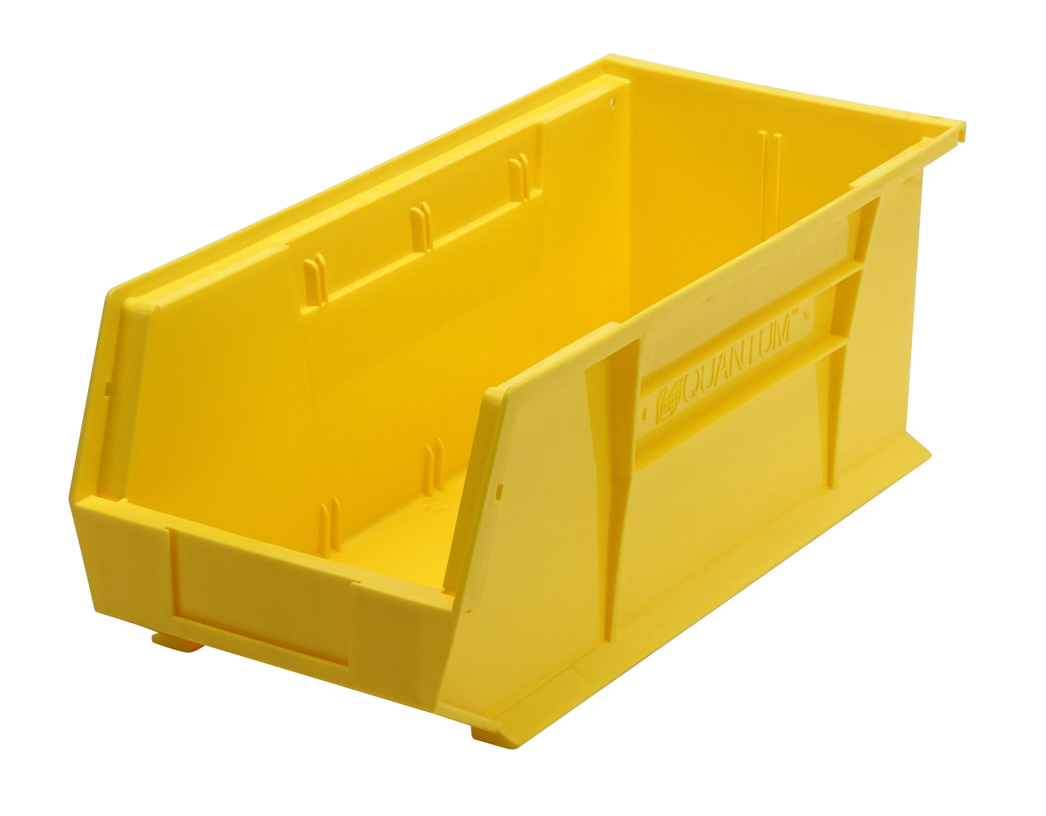 Bin, stacking or hanging, 8-1/4"W x 18"D x 7"H, front/back/side grips, anti-slide lock, (1) divider slot, rear hanger, molded-in label holder, polypropylene, yellow, Made in USA, case of 6