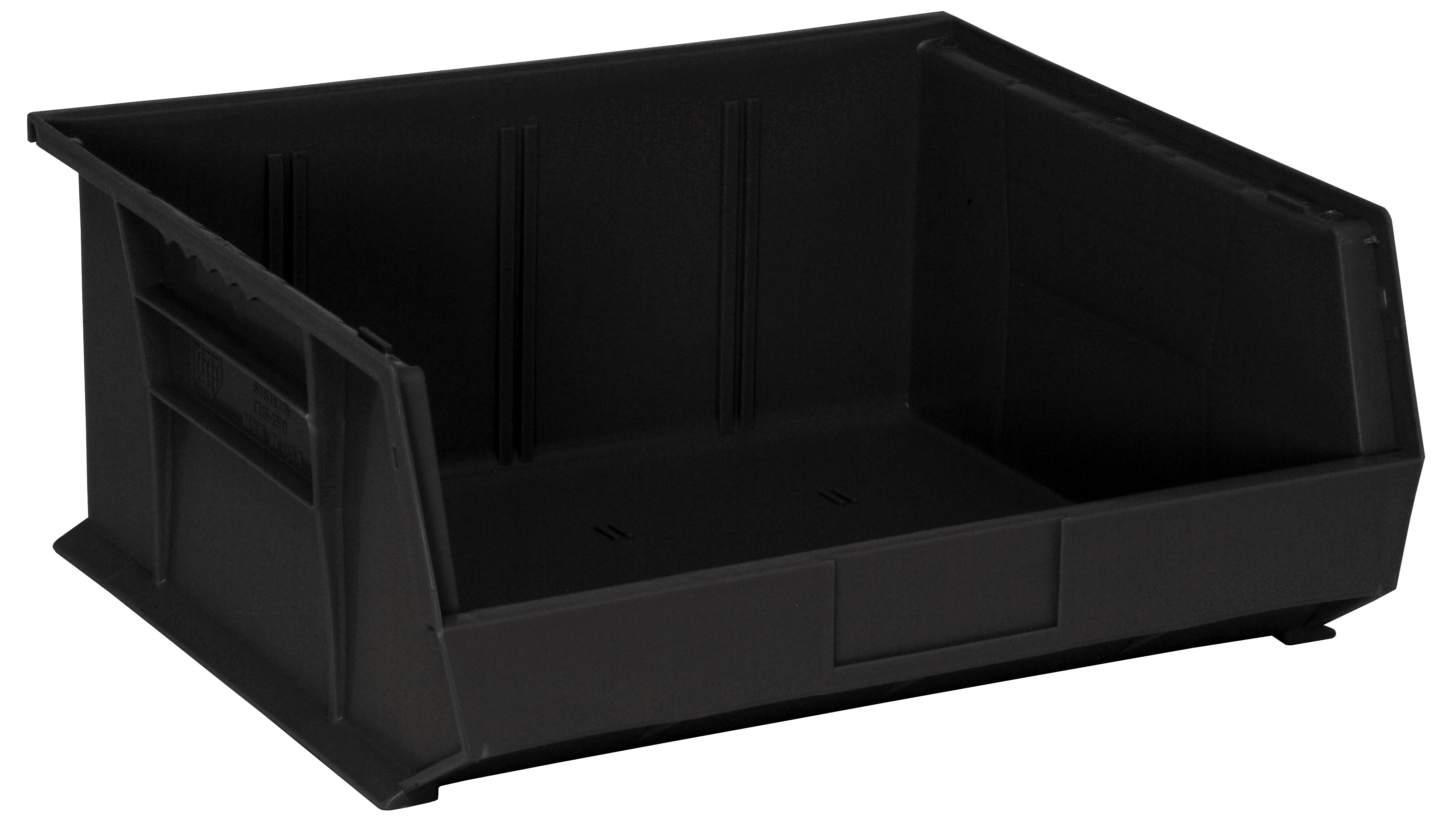 Bin, stacking or hanging, 16-1/2"W x 14-3/4"D x 7"H, front/back/side grips, anti-slide lock, (3) divider slots, rear hanger, molded-in label holder, recycled polypropylene, black, Made in USA, case of 6