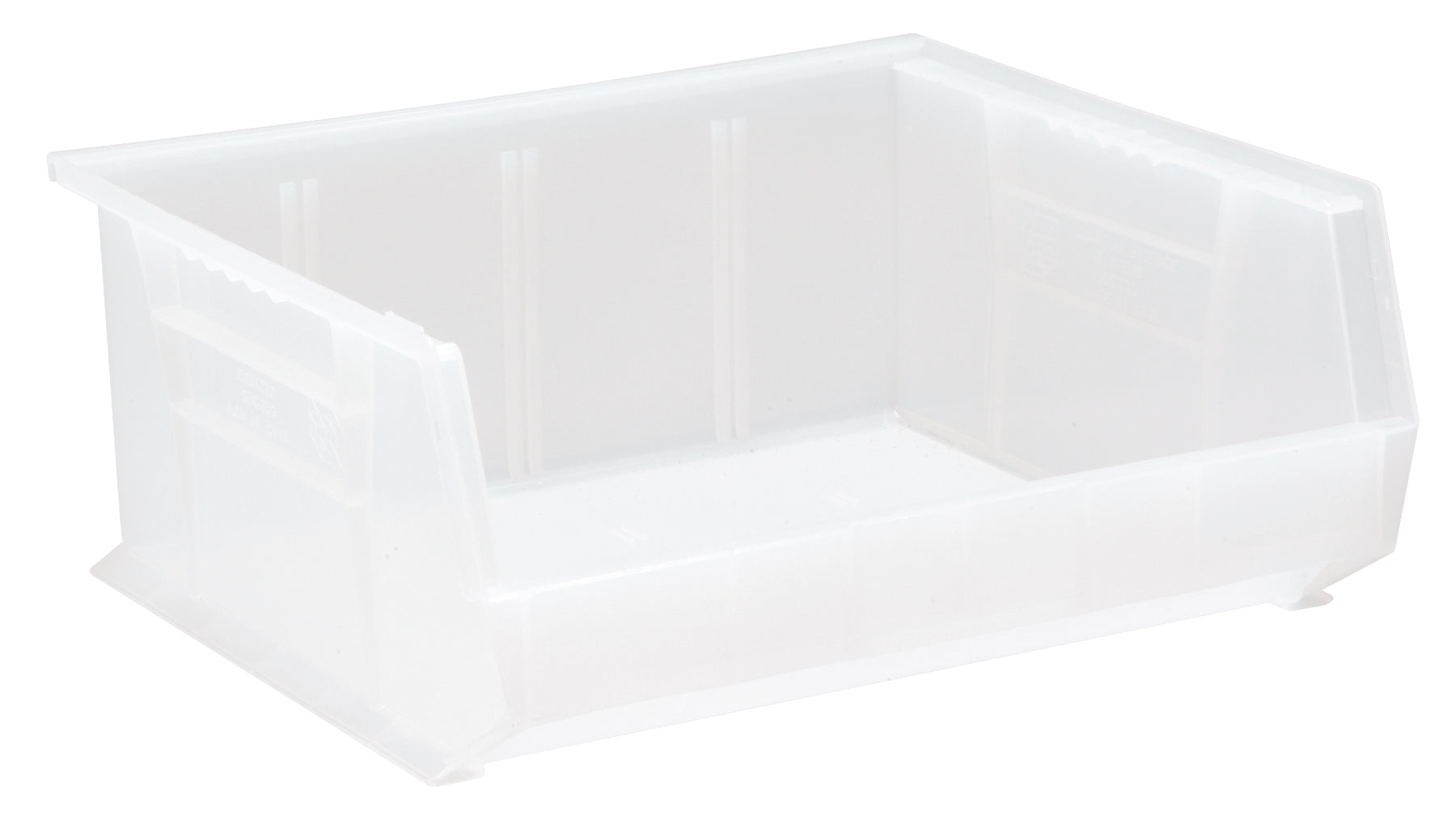Bin, stacking or hanging, 16-1/2"W x 14-3/4"D x 7"H, front/back/side grips, anti-slide lock, (3) divider slots, rear hanger, molded-in label holder, polypropylene, clear, Made in USA, case of 6