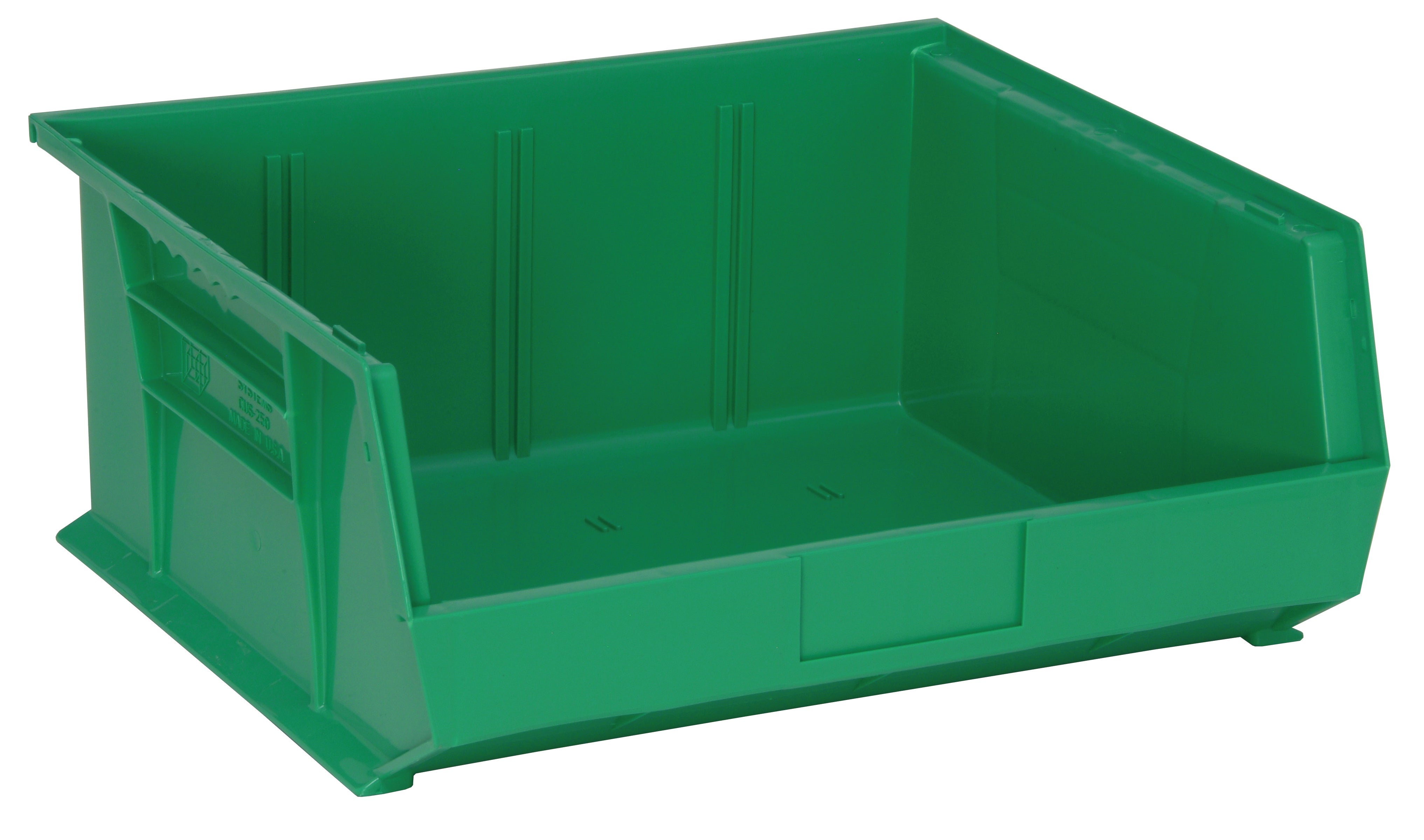 Bin, stacking or hanging, 16-1/2"W x 14-3/4"D x 7"H, front/back/side grips, anti-slide lock, (3) divider slot, rear hanger, molded-in label holder, polypropylene, green, Made in USA, case of 6