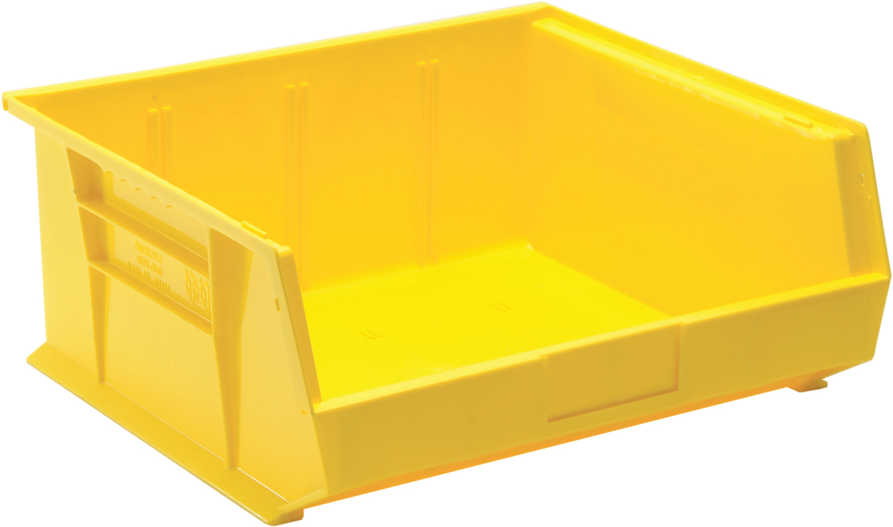 Bin, stacking or hanging, 16-1/2"W x 14-3/4"D x 7"H, front/back/side grips, anti-slide lock, (3) divider slot, rear hanger, molded-in label holder, polypropylene, yellow, Made in USA, case of 6