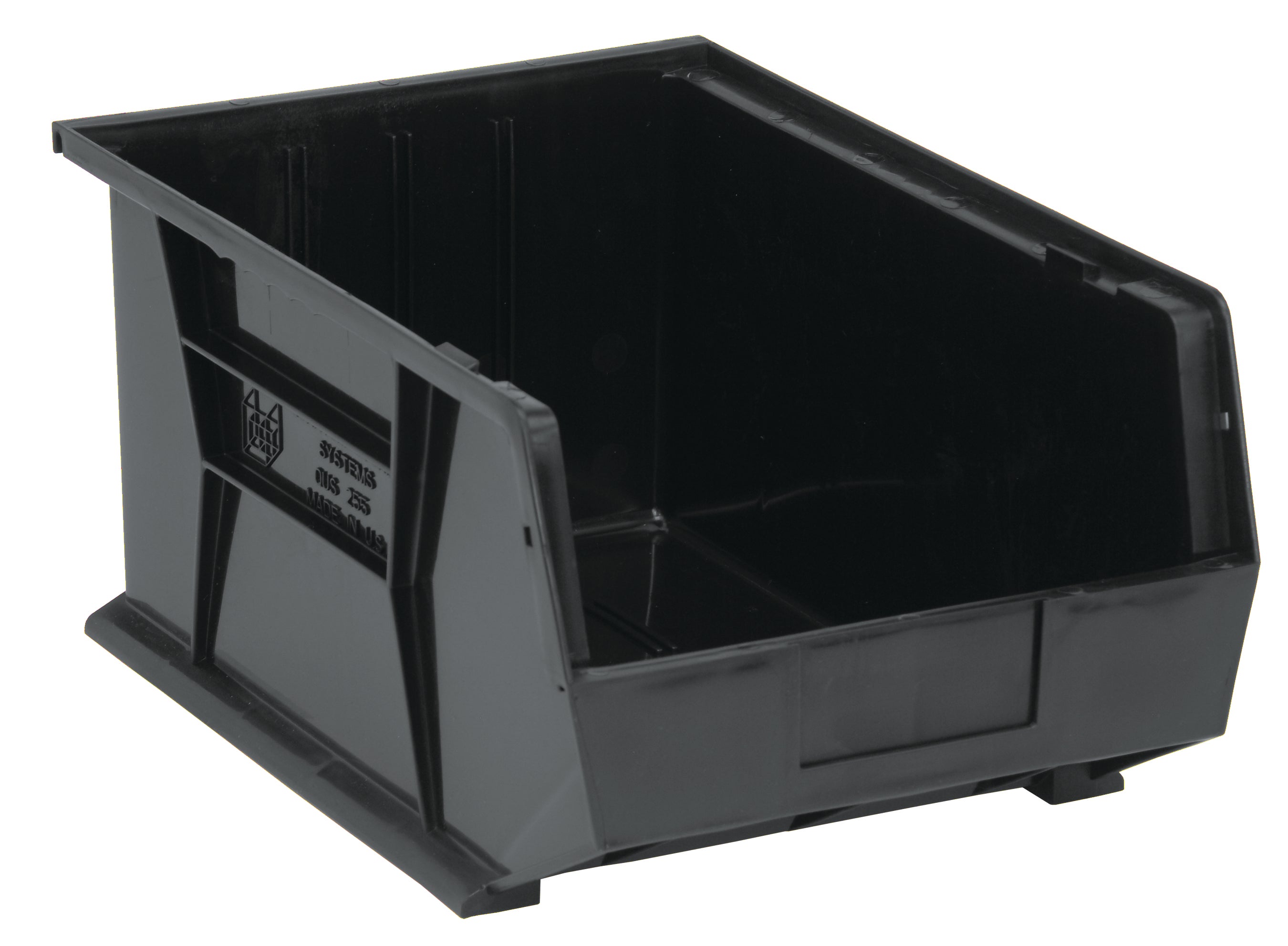 Bin, stacking or hanging, 11"W x 16"D x 8"H, front/back/side grips, anti-slide lock, (3) divider slot, rear hanger, molded-in label holder, polypropylene, black, Made in USA, case of 4