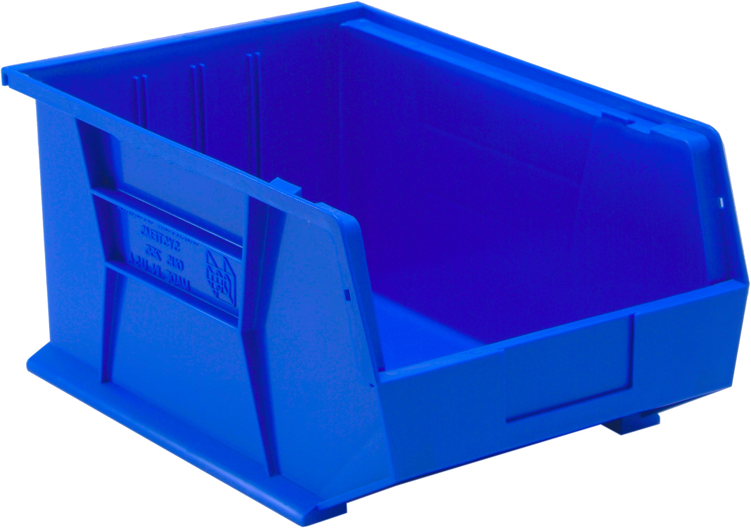 Bin, stacking or hanging, 11"W x 16"D x 8"H, front/back/side grips, anti-slide lock, (3) divider slot, rear hanger, molded-in label holder, polypropylene, blue, Made in USA, case of 4