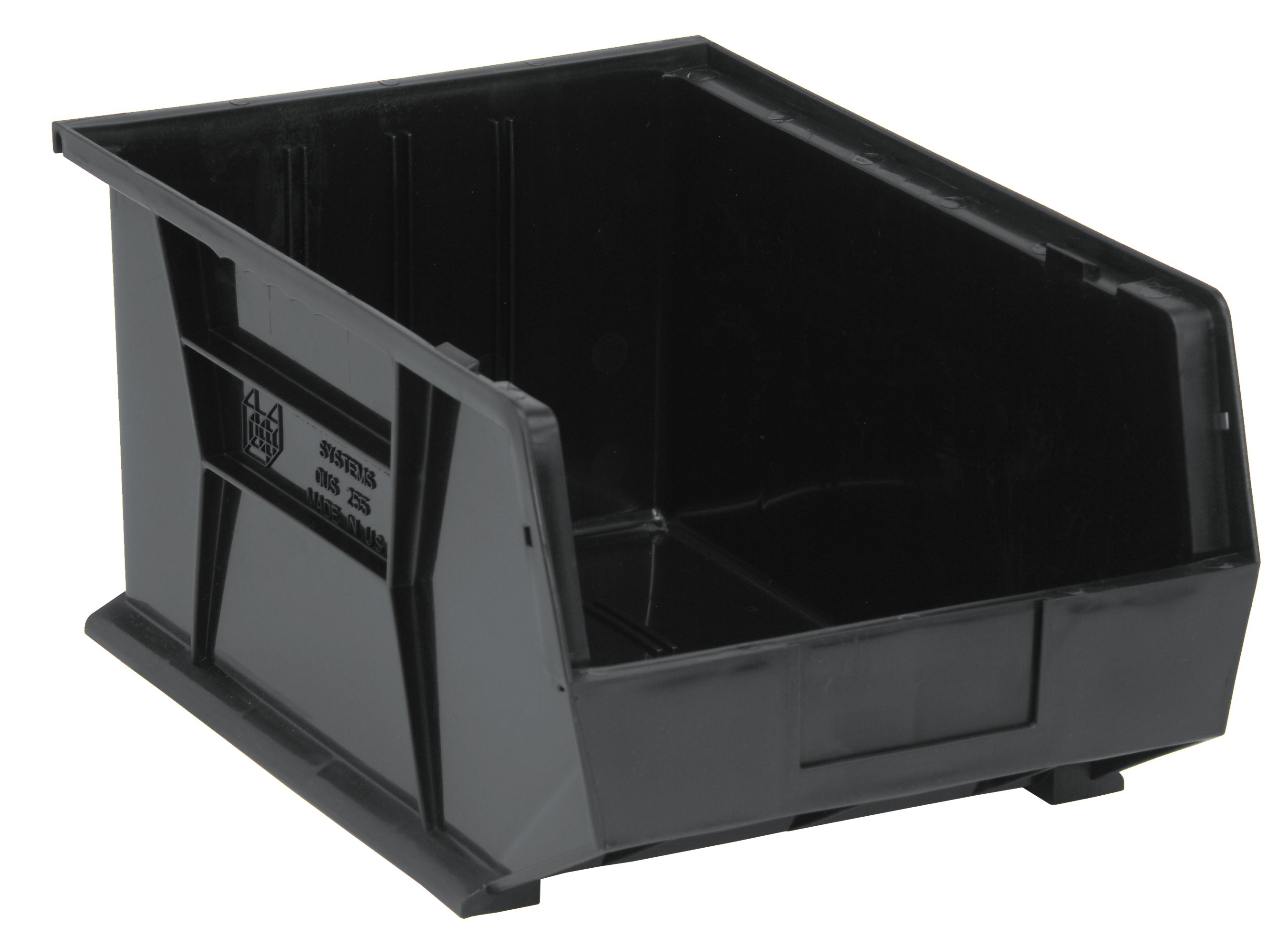 Bin, stacking or hanging, 11"W x 16"D x 8"H, front/back/side grips, anti-slide lock, (3) divider slots, rear hanger, molded-in label holder, recycled polypropylene, black, Made in USA, case of 4
