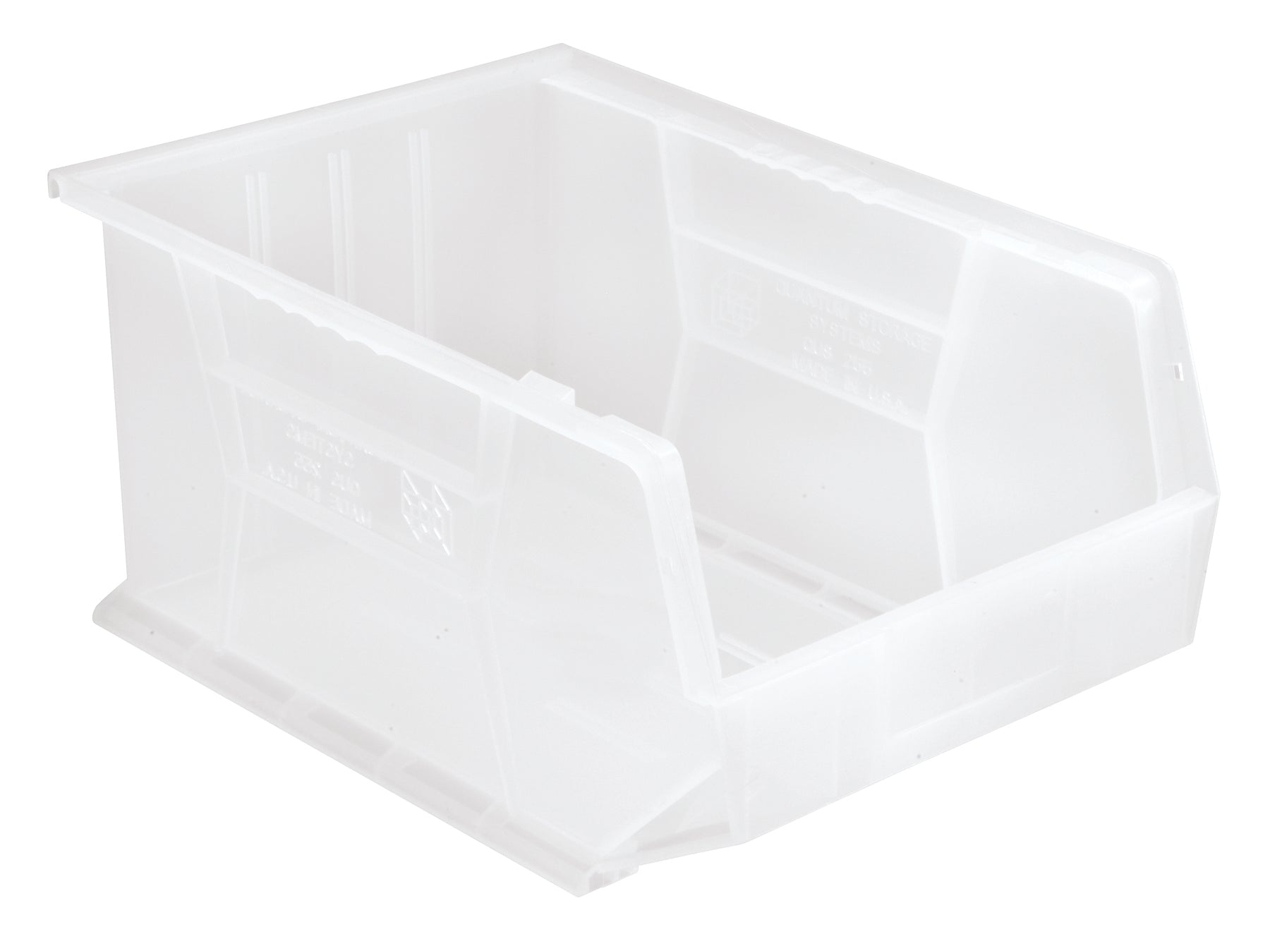 Bin, stacking or hanging, 11"W x 16"D x 8"H, front/back/side grips, anti-slide lock, (3) divider slots, rear hanger, molded-in label holder, polypropylene, clear, Made in USA, case of 4