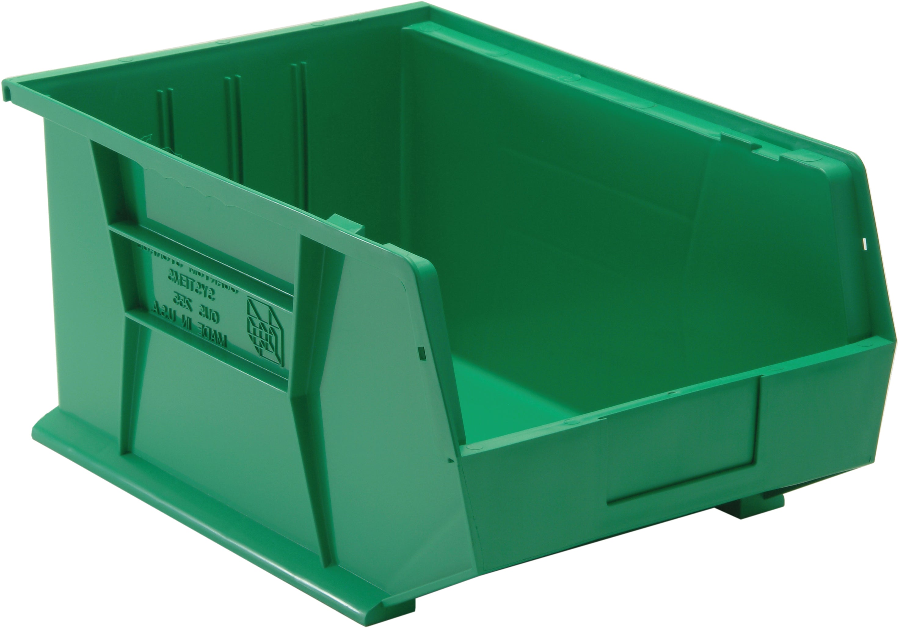 Bin, stacking or hanging, 11"W x 16"D x 8"H, front/back/side grips, anti-slide lock, (3) divider slot, rear hanger, molded-in label holder, polypropylene, green, Made in USA, case of 4