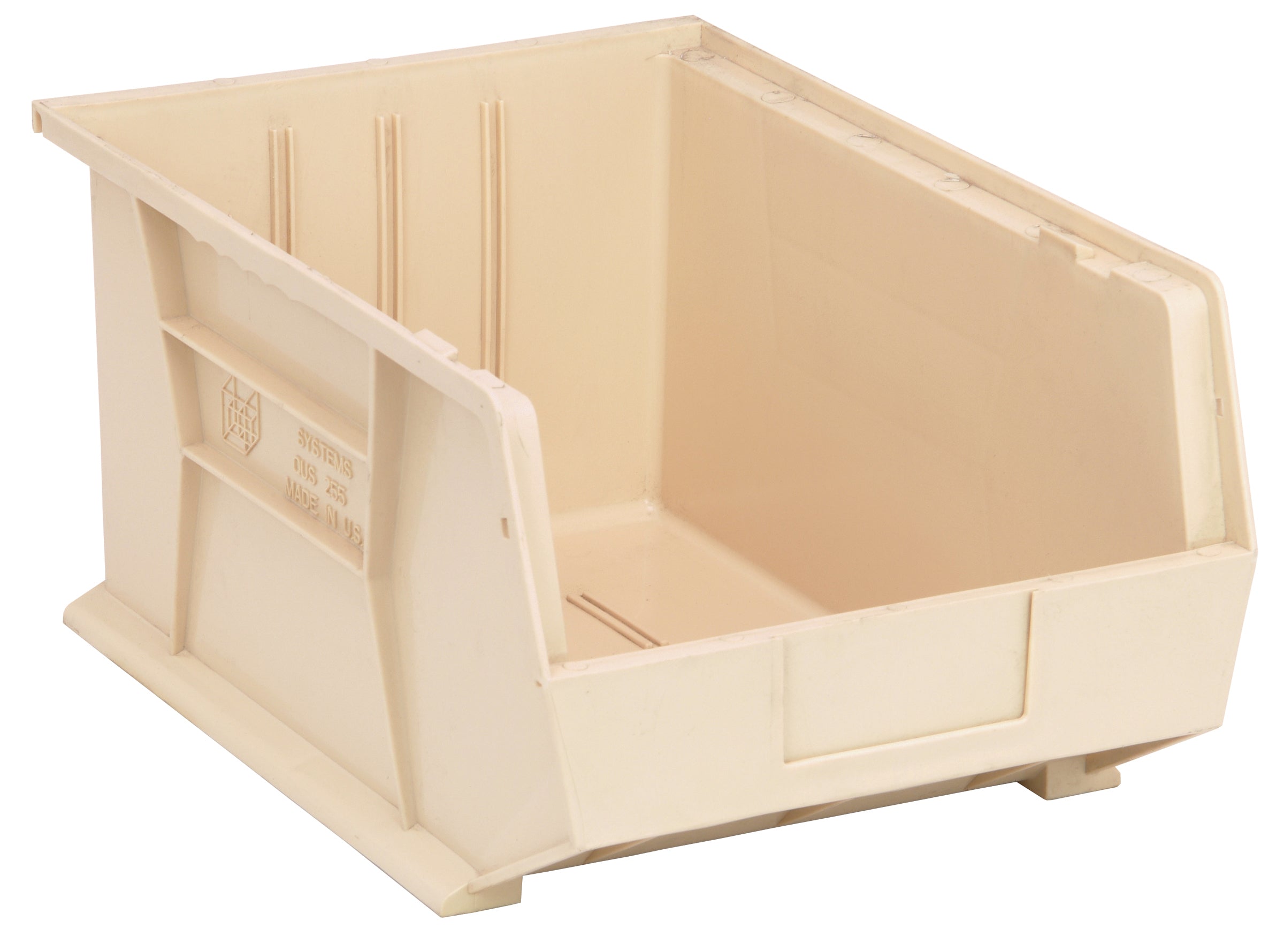 Bin, stacking or hanging, 11"W x 16"D x 8"H, front/back/side grips, anti-slide lock, (3) divider slot, rear hanger, molded-in label holder, polypropylene, ivory, Made in USA, case of 4