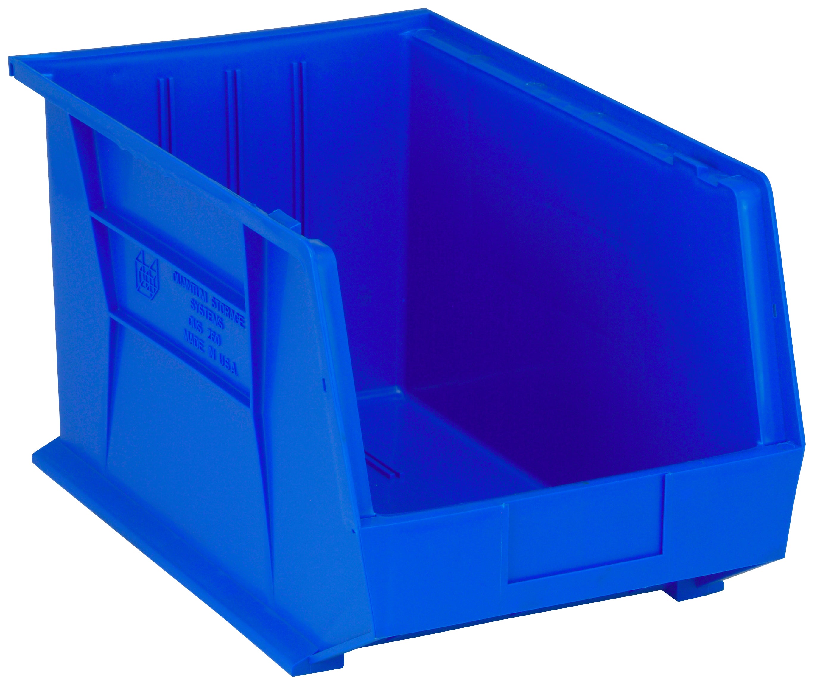 Bin, stacking or hanging, 11"W x 18"D x 10"H, front/back/side grips, anti-slide lock, (3) divider slot, rear hanger, molded-in label holder, polypropylene, blue, Made in USA, case of 4